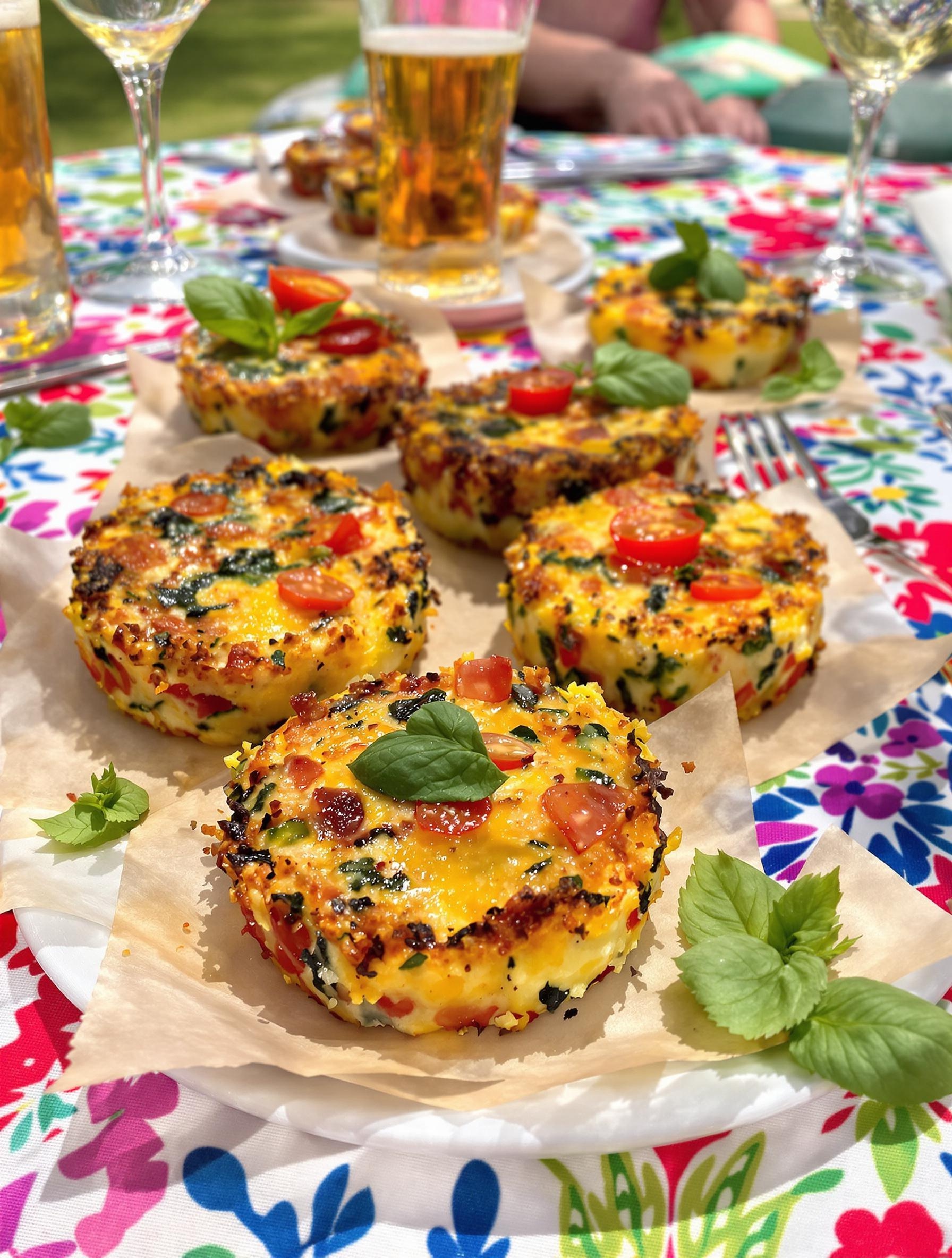 Cake salé d'été coloré aux légumes frais en petites portions sur nappe estivale.