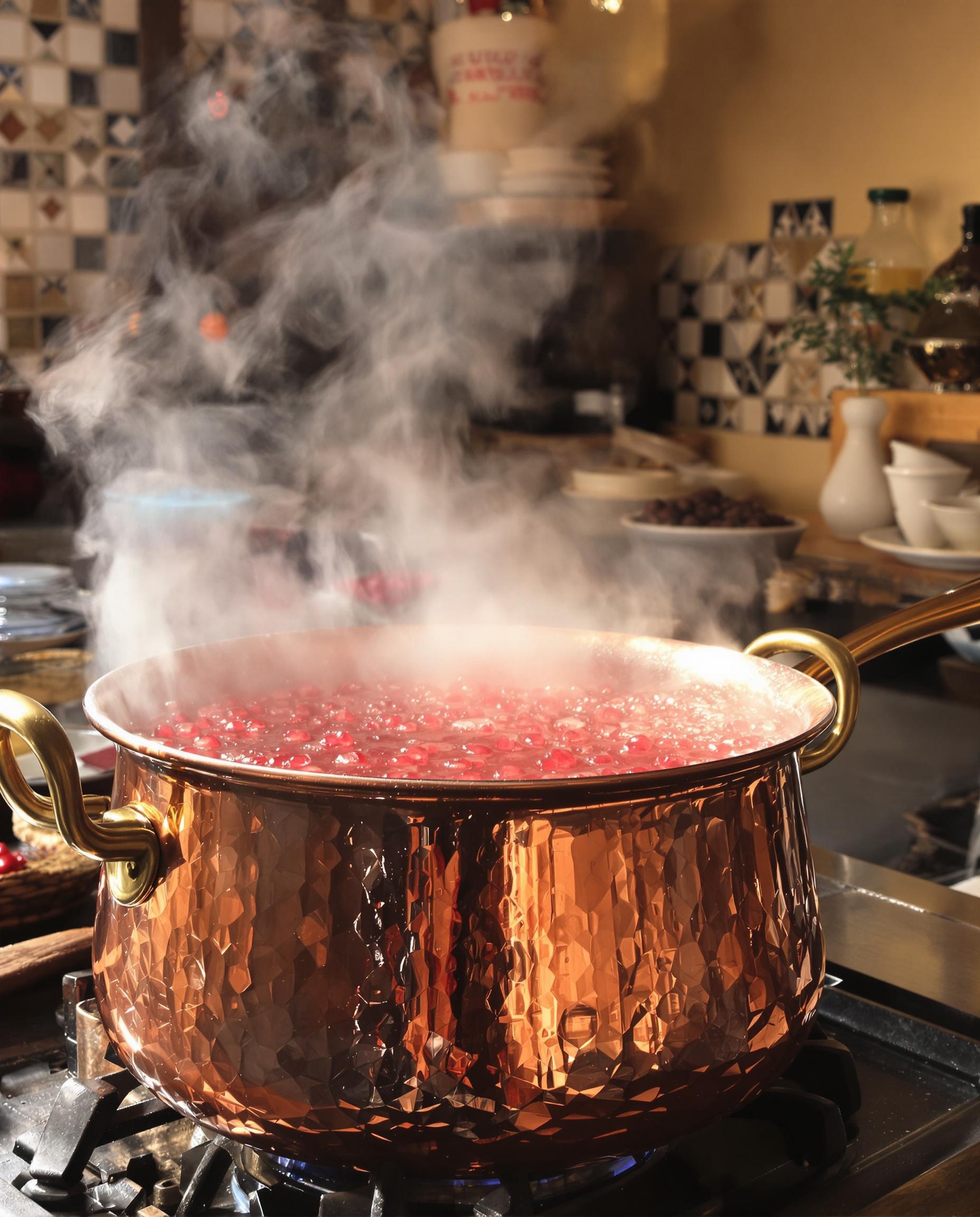Casserole en cuivre contenant du jus de grenade en pleine réduction, emblématique de la cuisine levantine traditionnelle
