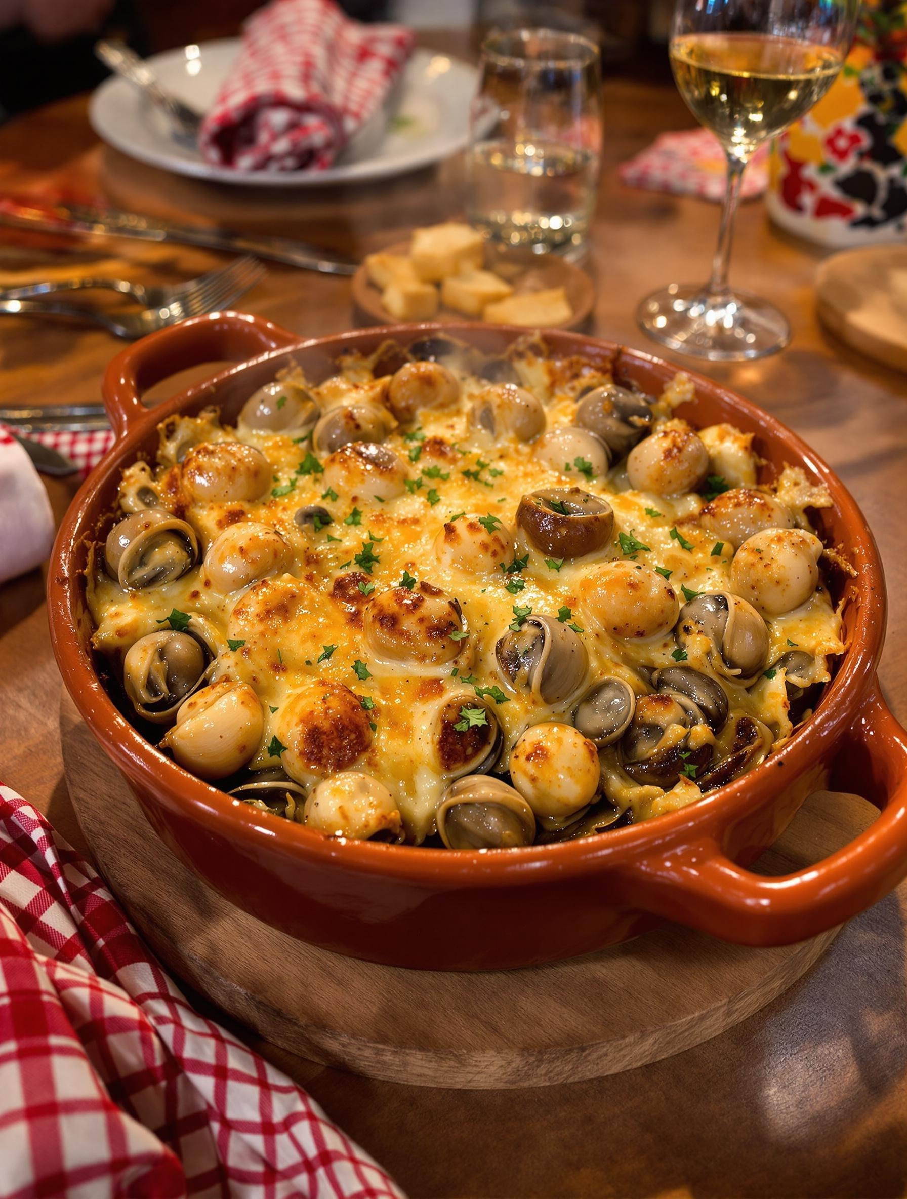 Cassolette d'escargots gourmande aux champignons de Paris gratinée