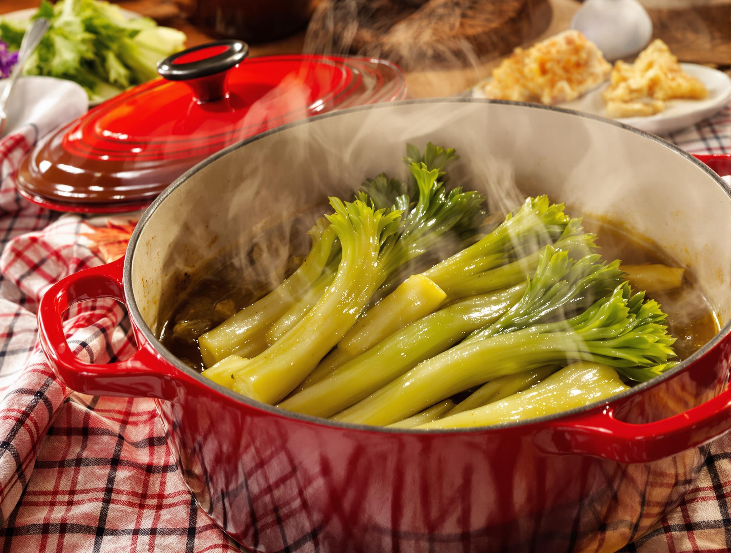 Céleri braisé dans une cocotte en fonte rouge