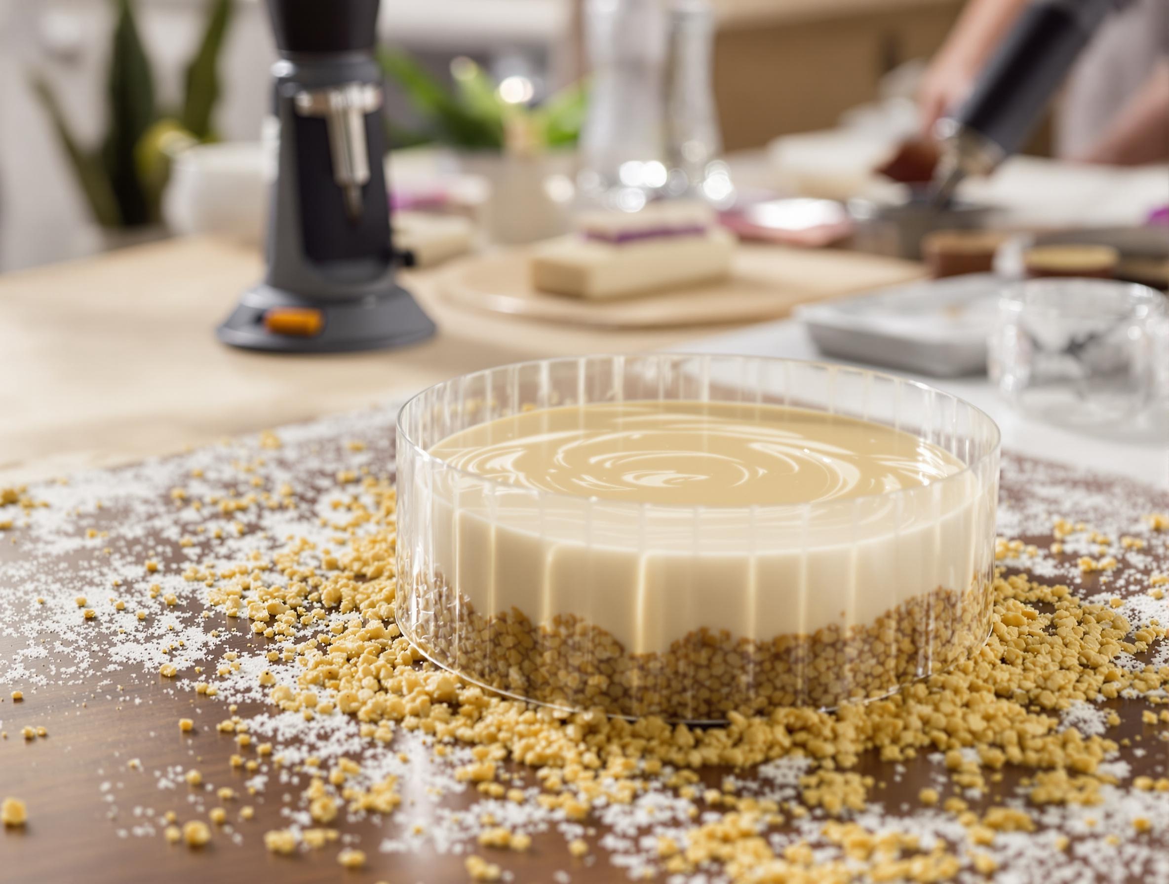 Démoulage parfait d'un entremets avec cercle pâtissier, rhodoïd et chalumeau, cuisine lyonnaise