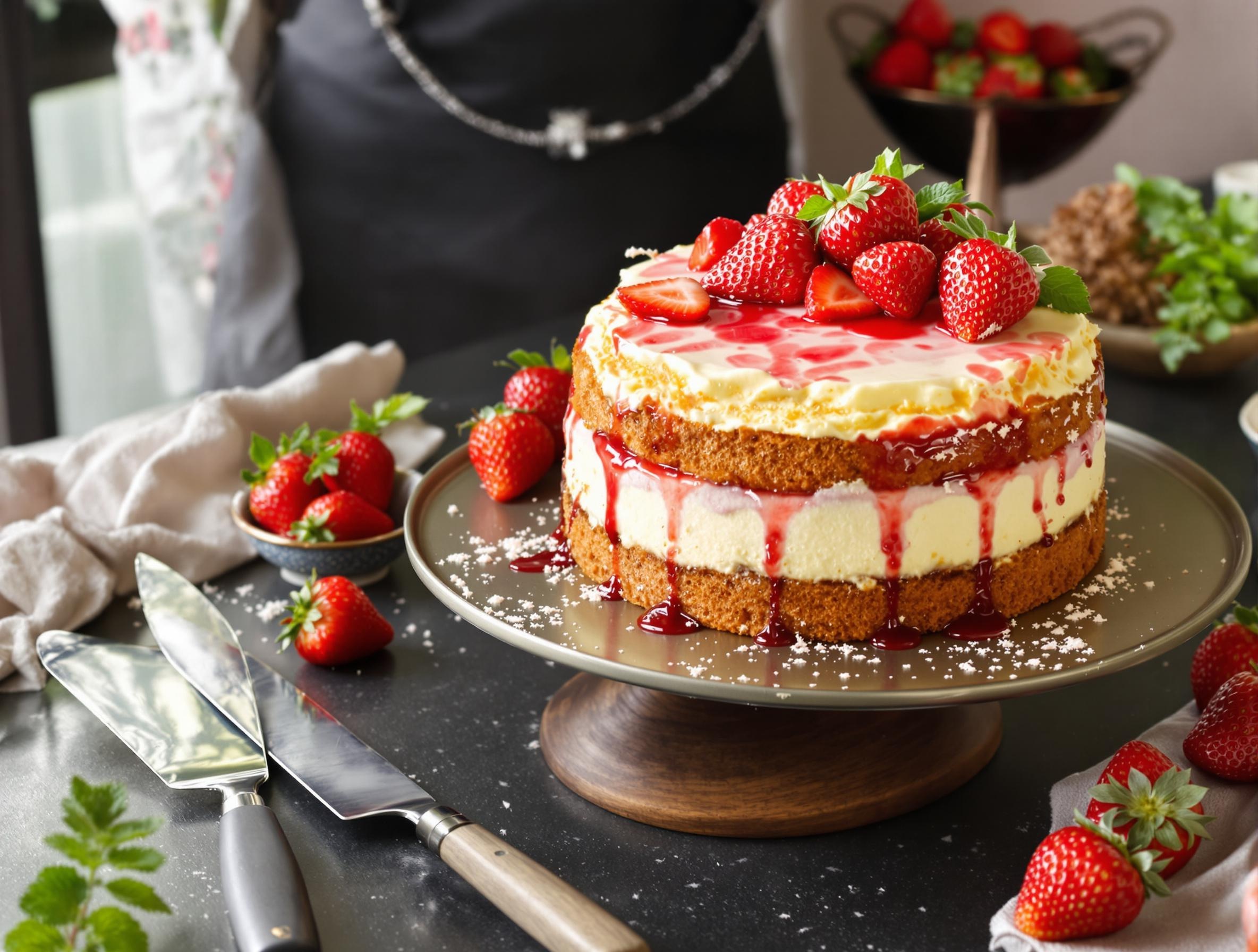 Charlotte aux fraises démoulée, spatule chaude, décoration gourmande