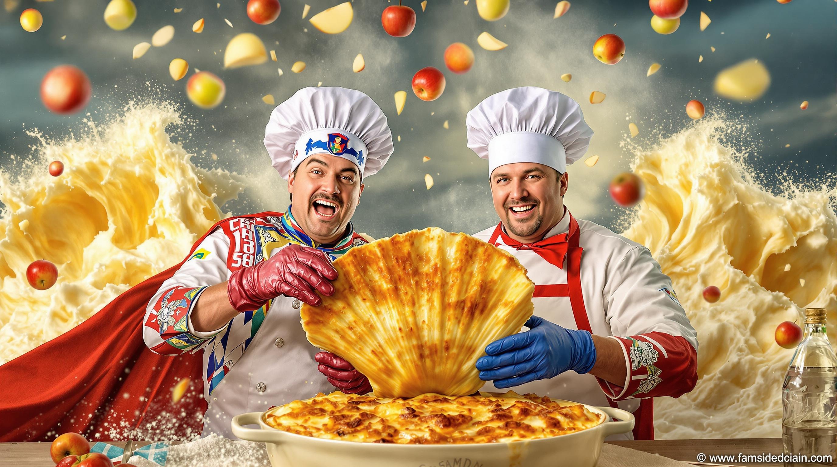 Chef breton et chef normand devant un gratin fumant.