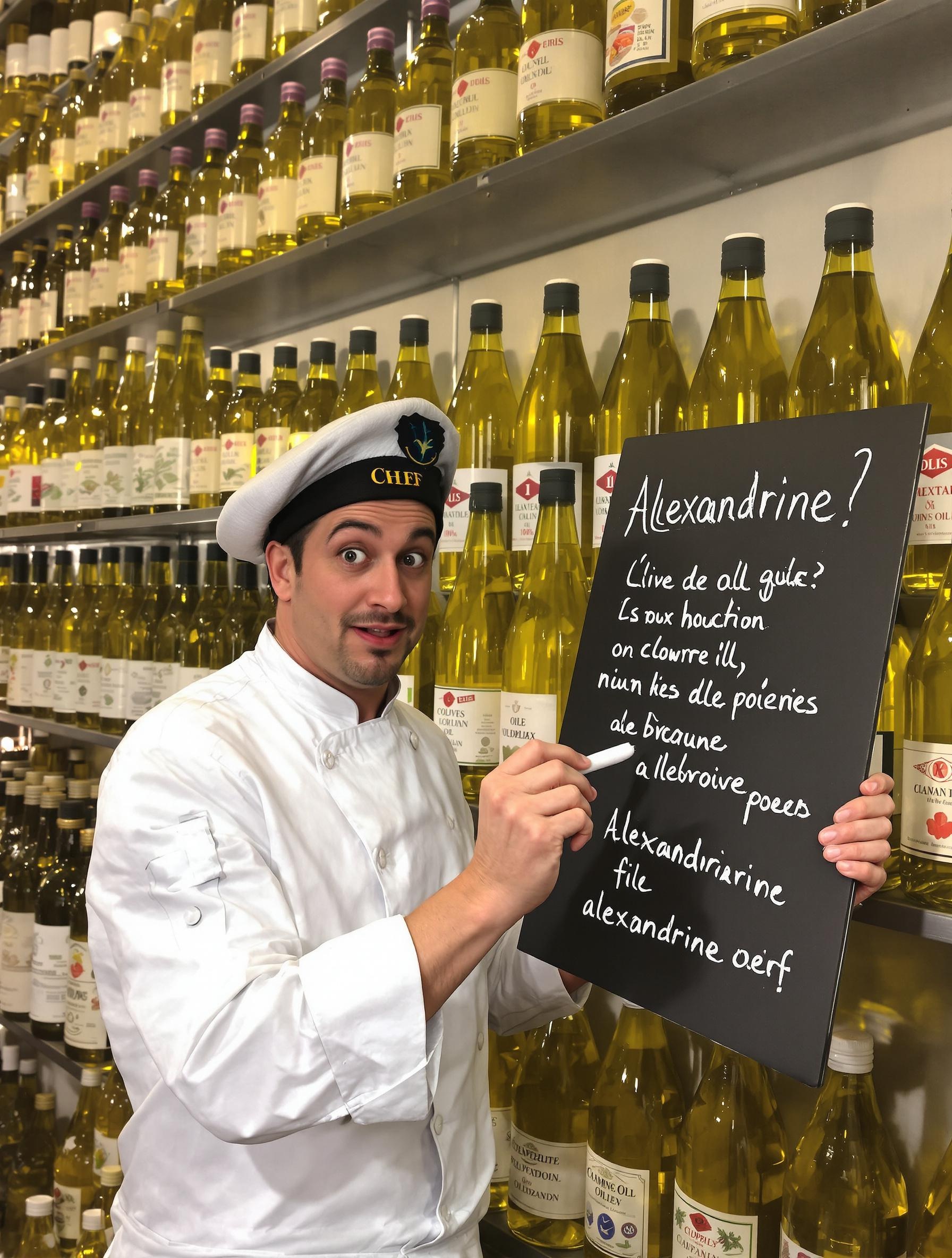 Chef lyonnais burlesque écrivant des alexandrins sur l'huile d'olive