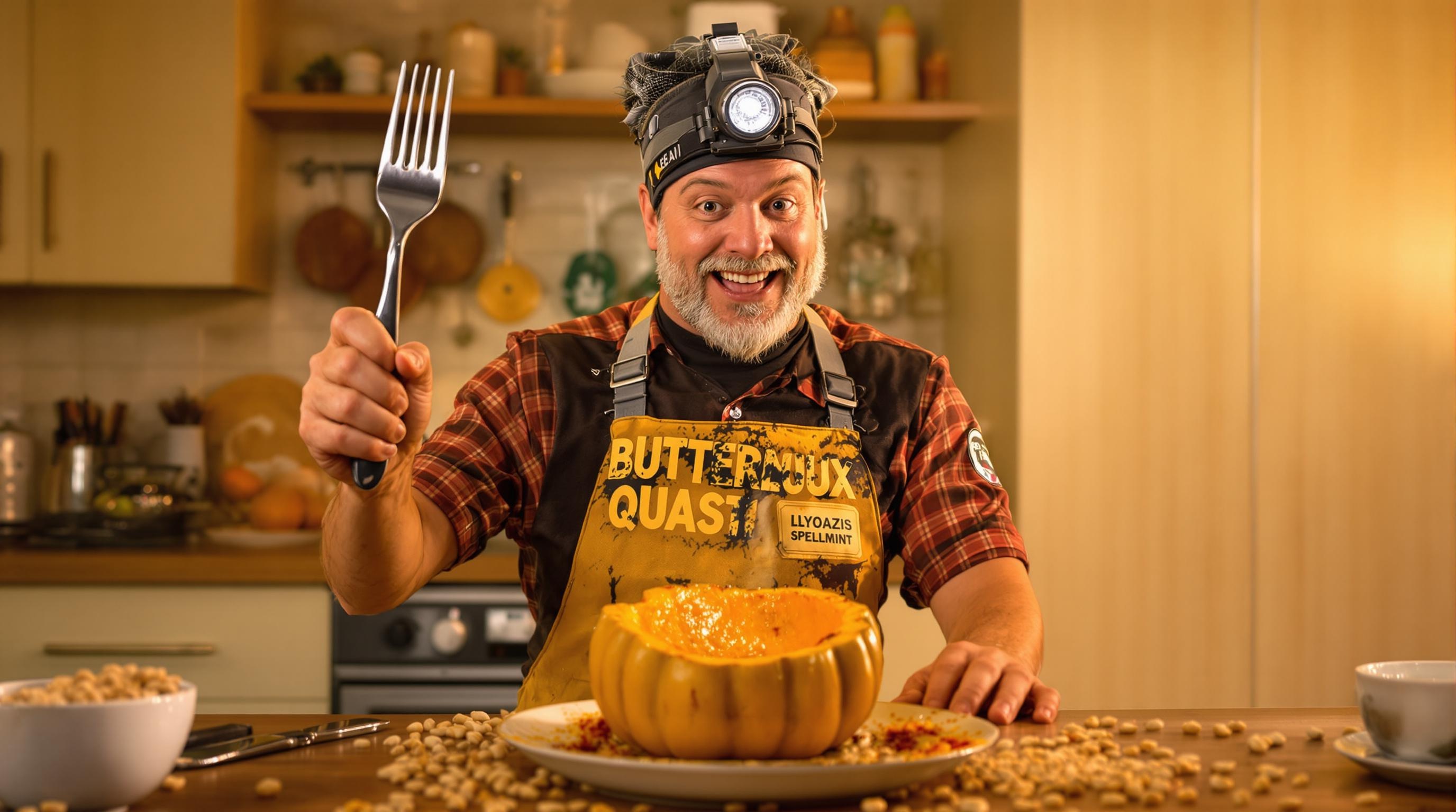 Chef spéléologue burlesque brandit fourchette devant butternut rôtie