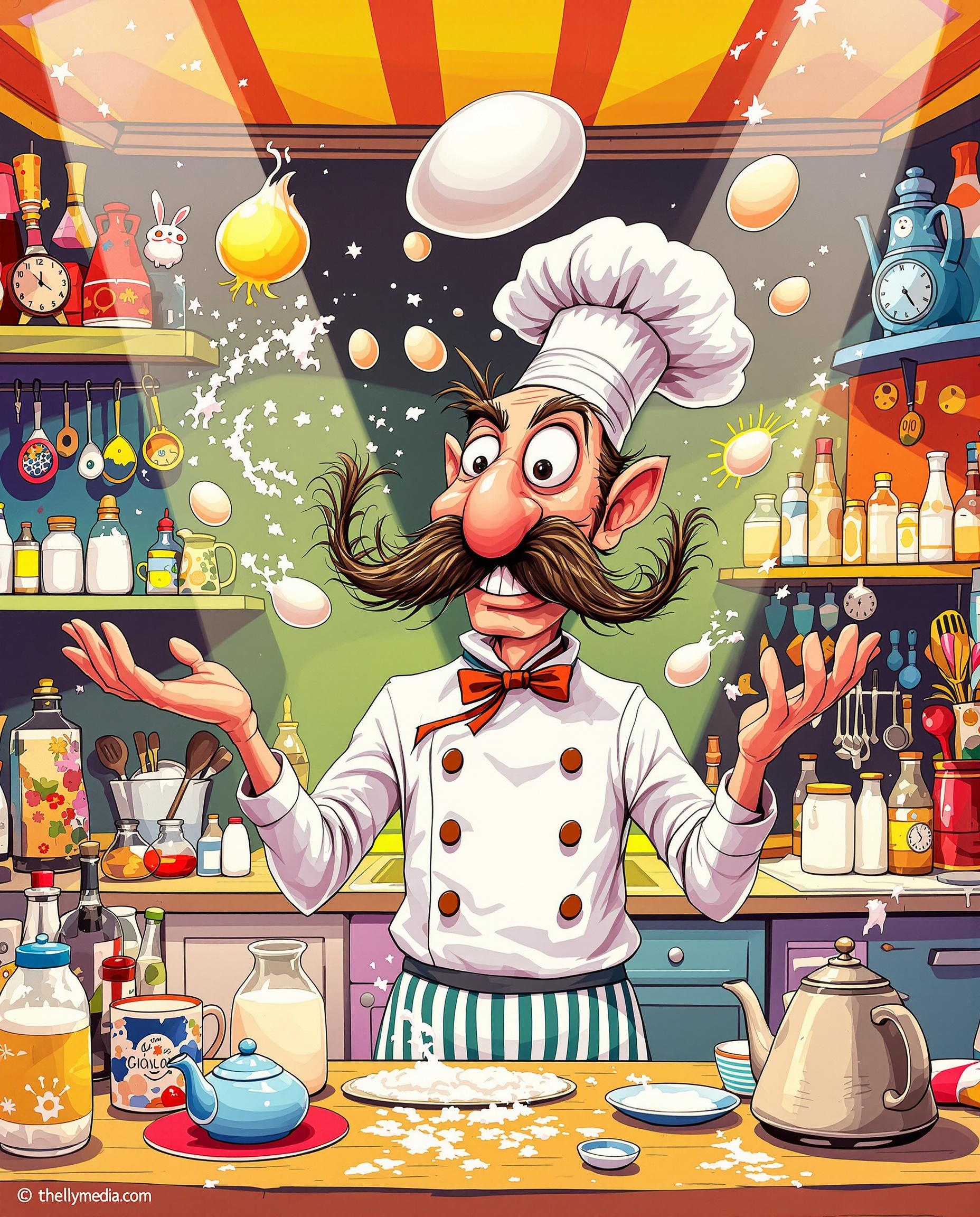 Chef lyonnais burlesque jonglant avec œufs, farine, lait et échalote