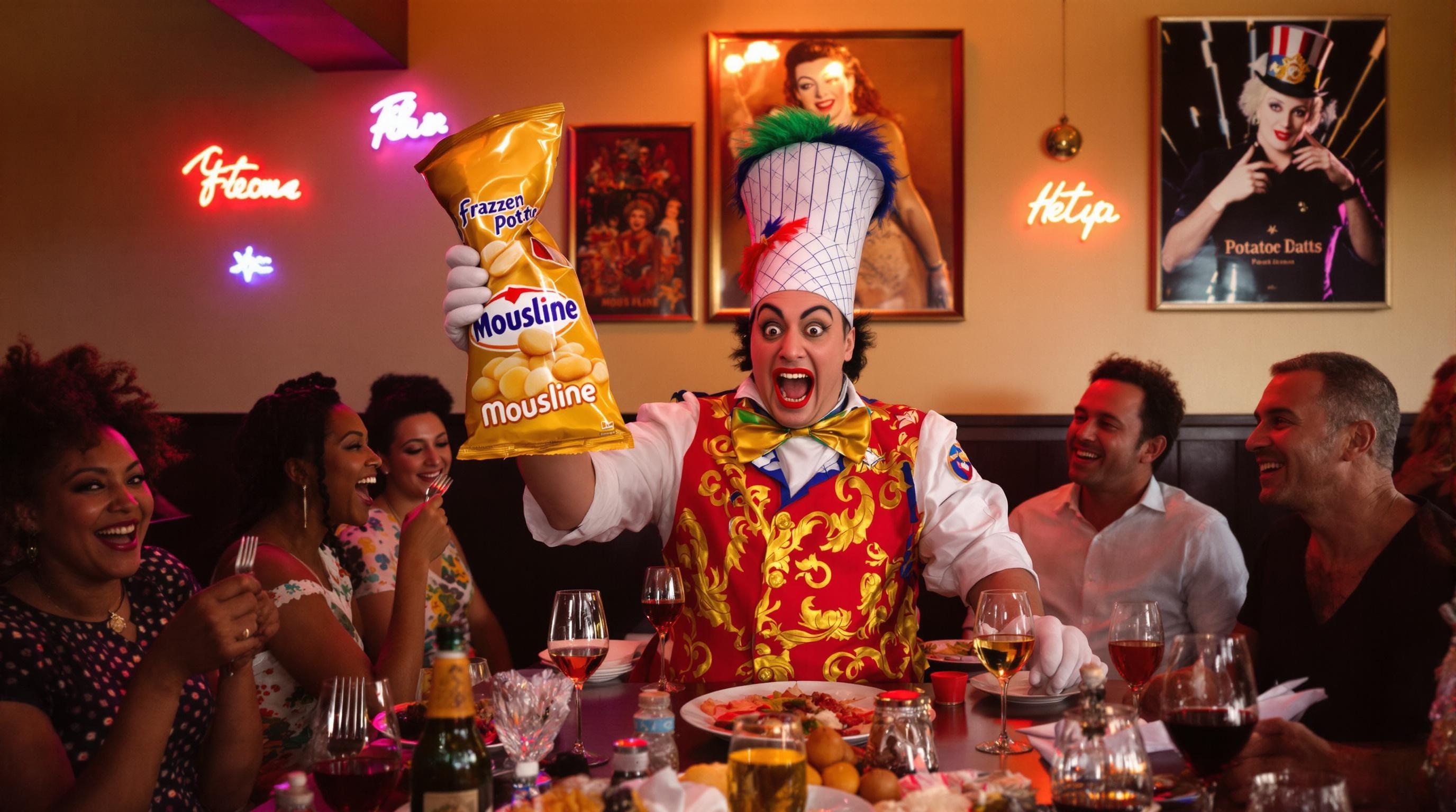 Chef lyonnais brandissant un sachet de Mousline doré devant une table de convives hilares, fourchettes en main.