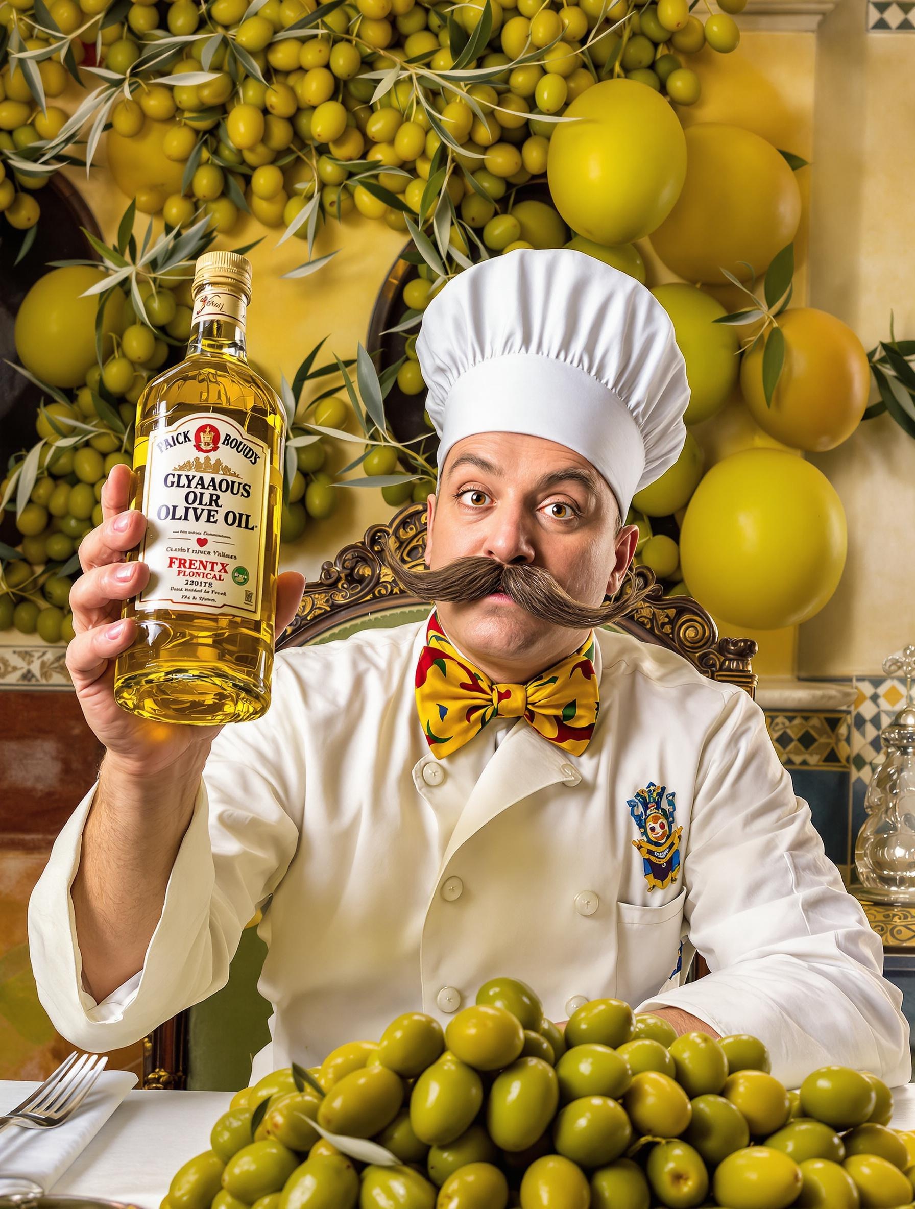 Chef lyonnais extravagant arbitrant une conférence diplomatique avec une bouteille d'huile d'olive millésimée