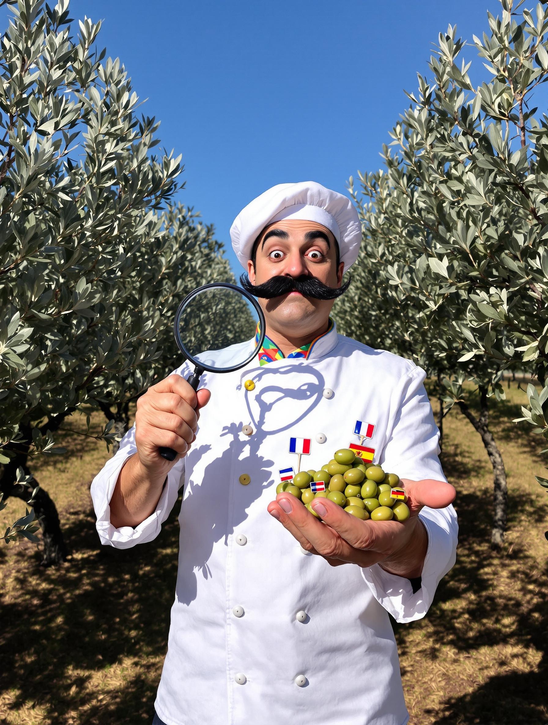 Chef lyonnais burlesque oléicologue comparant les olives des terroirs de France, d'Italie et d'Espagne
