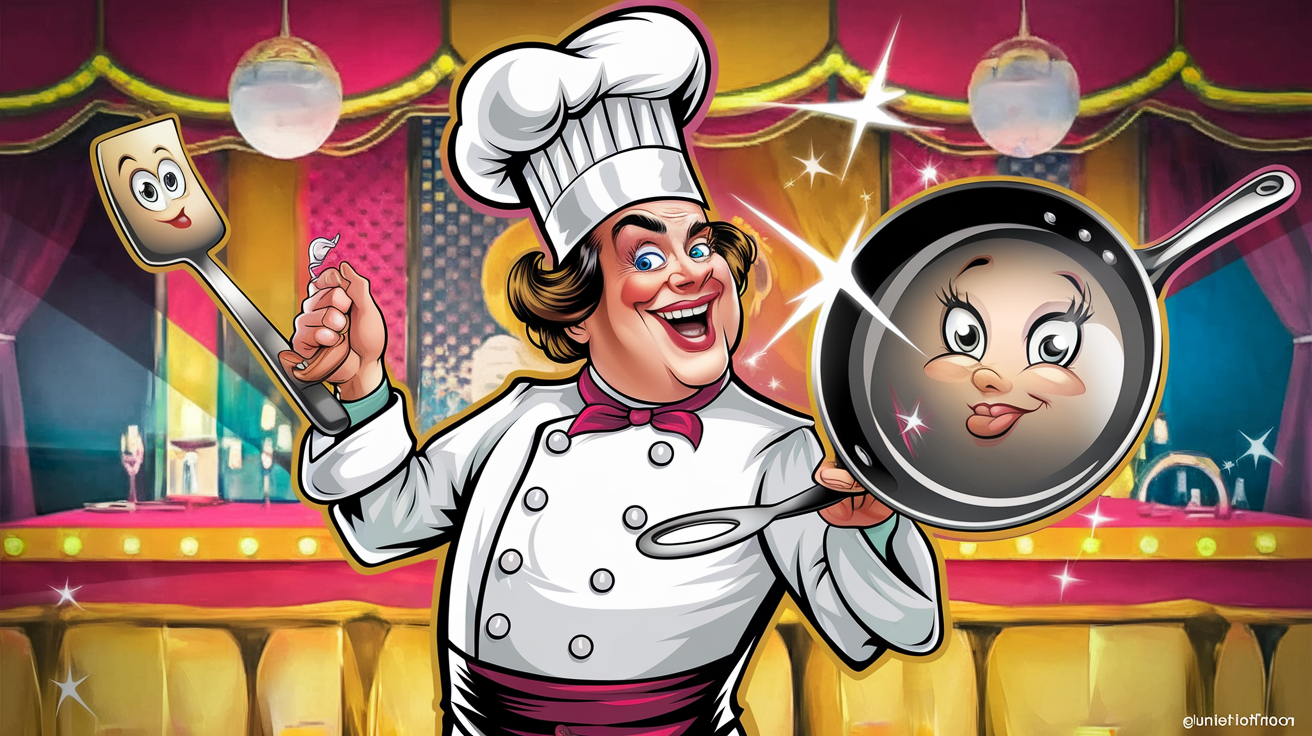 Chef lyonnais burlesque avec une spatule animée et une poêle anti-adhésive brillante