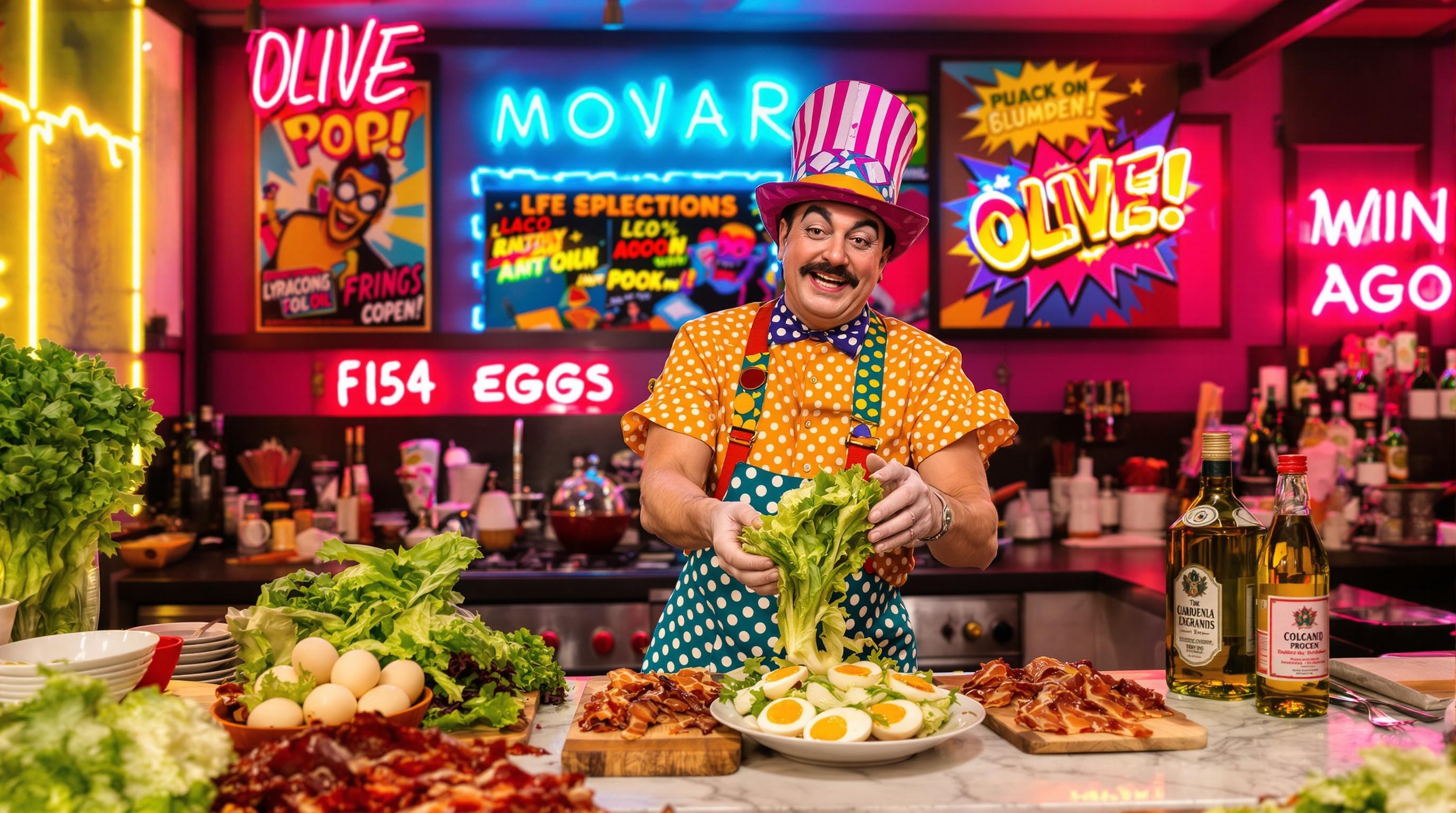 Chef lyonnais burlesque préparant une salade lyonnaise revisitée à l'huile d'olive, ambiance pop culture