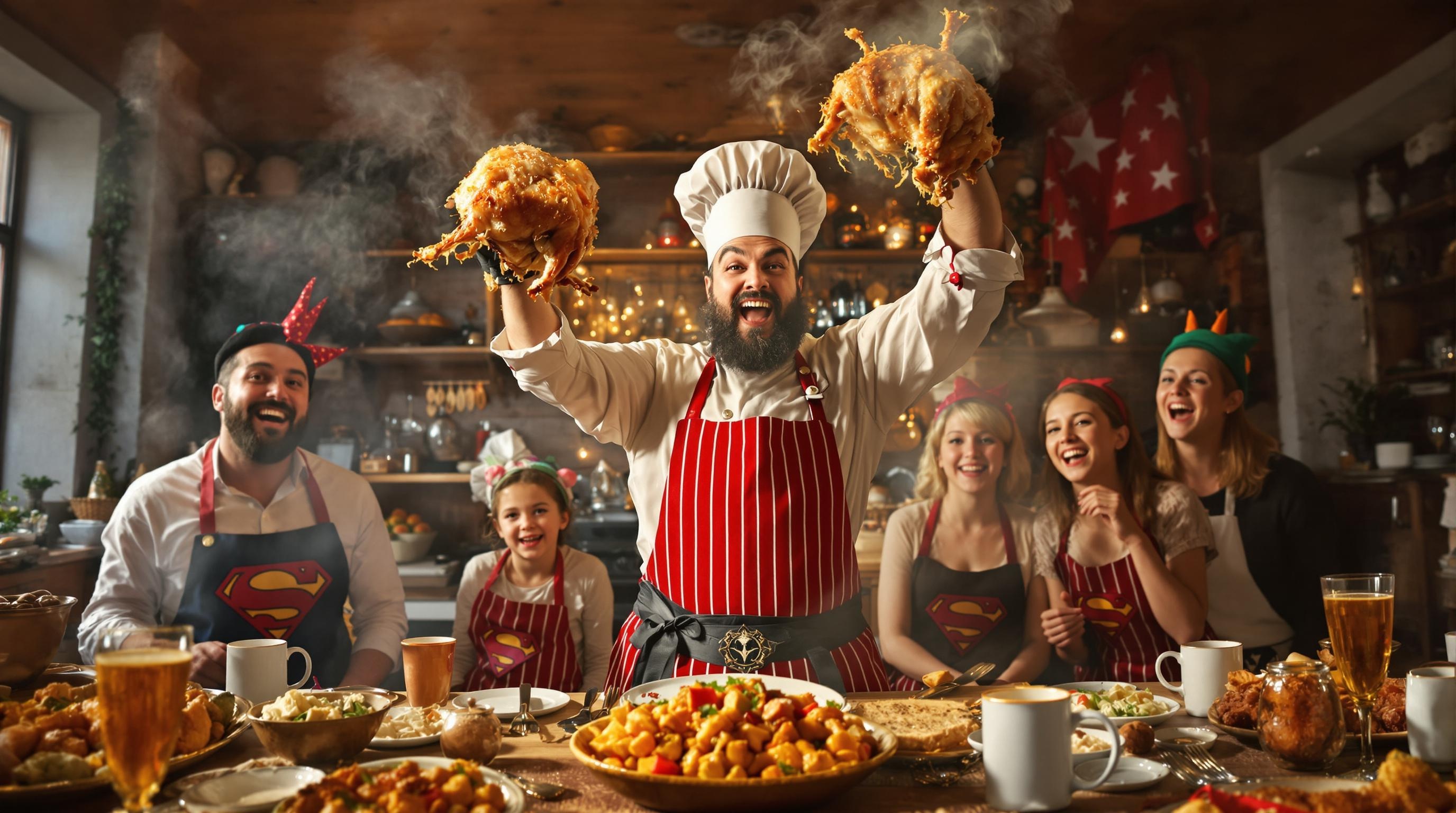 Chef lyonnais burlesque brandissant un chapon gratiné devant une tablée hilare