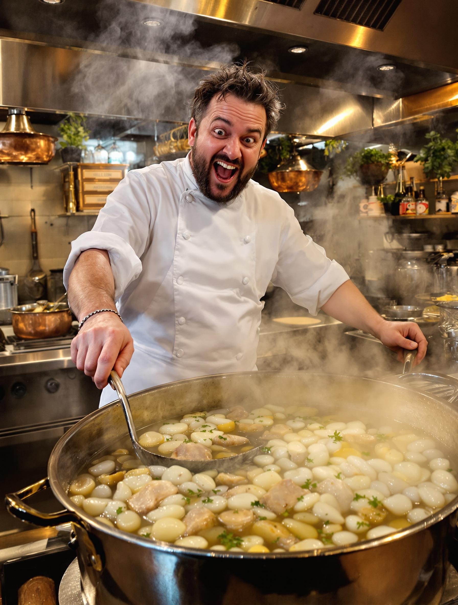 Chef écumant un court-bouillon de gésiers