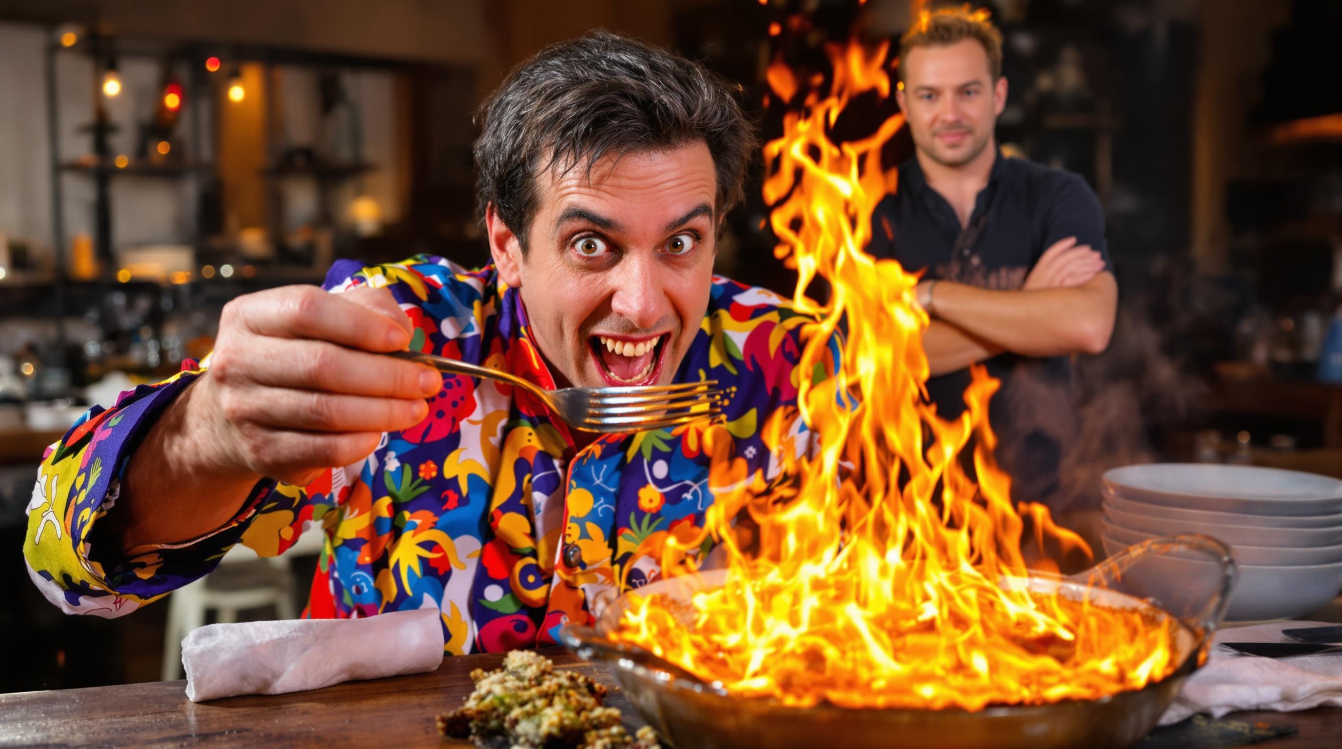 chef lyonnais excentrique devant un gratin de crêpes flambées au Grand Marnier sous le clin d’œil complice de Philippe Etchebest