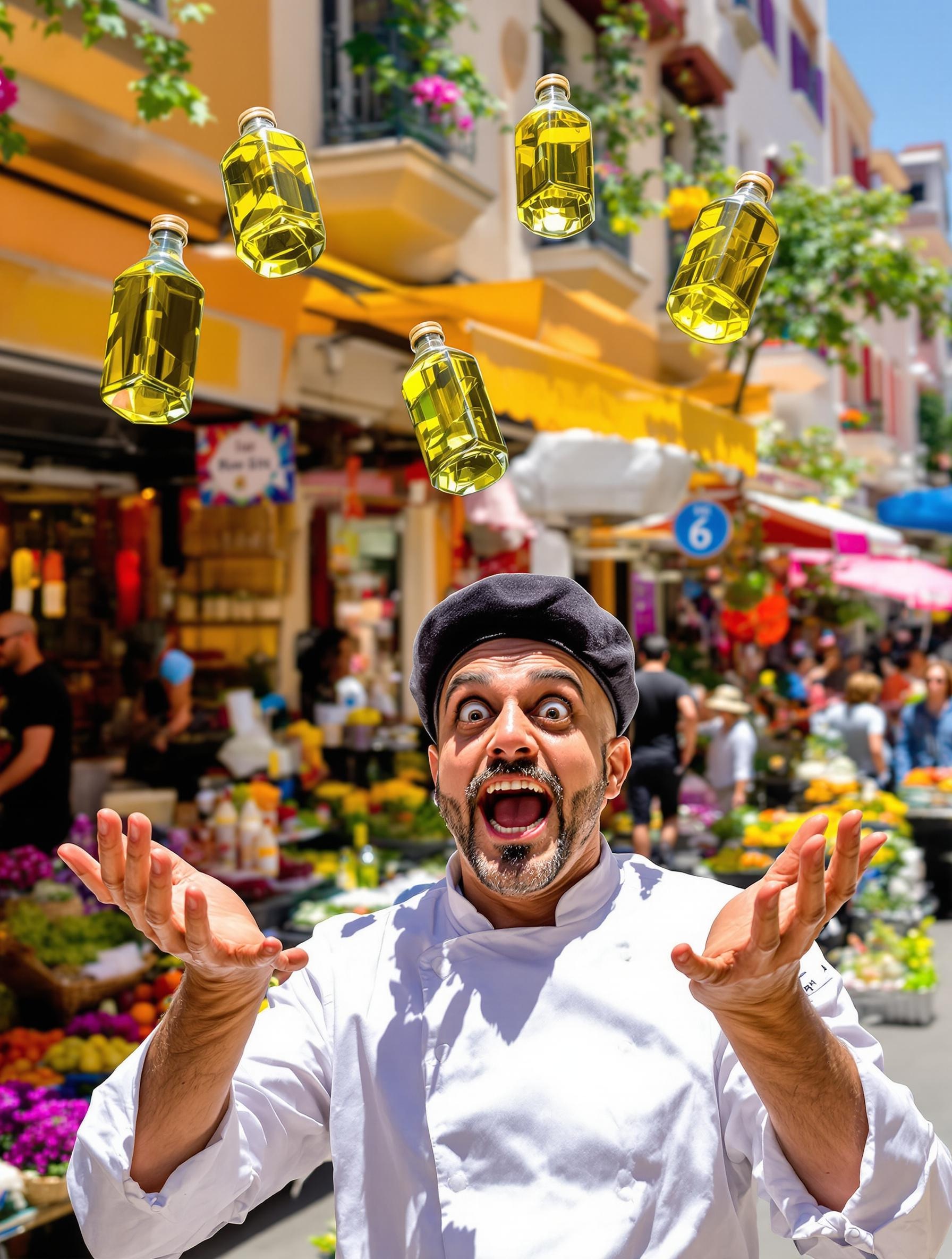Chef lyonnais burlesque jonglant avec des bouteilles d'huile d'olive