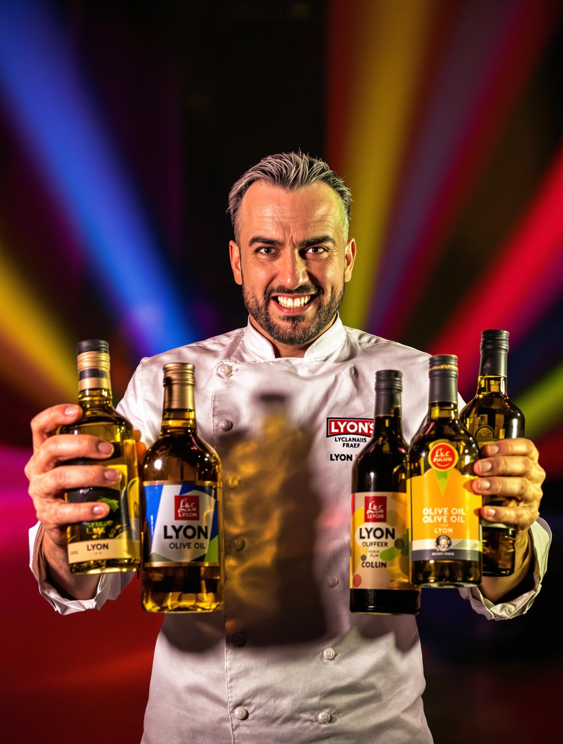 Chef lyonnais pop culture brandissant différentes bouteilles d'huile d'olive, ambiance compétition ironique