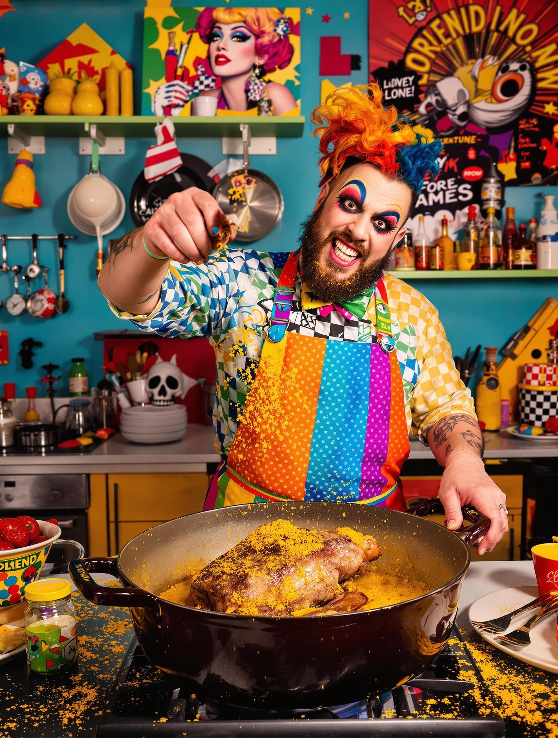 Chef lyonnaise excentrique saupoudrant du curry sur une rouelle