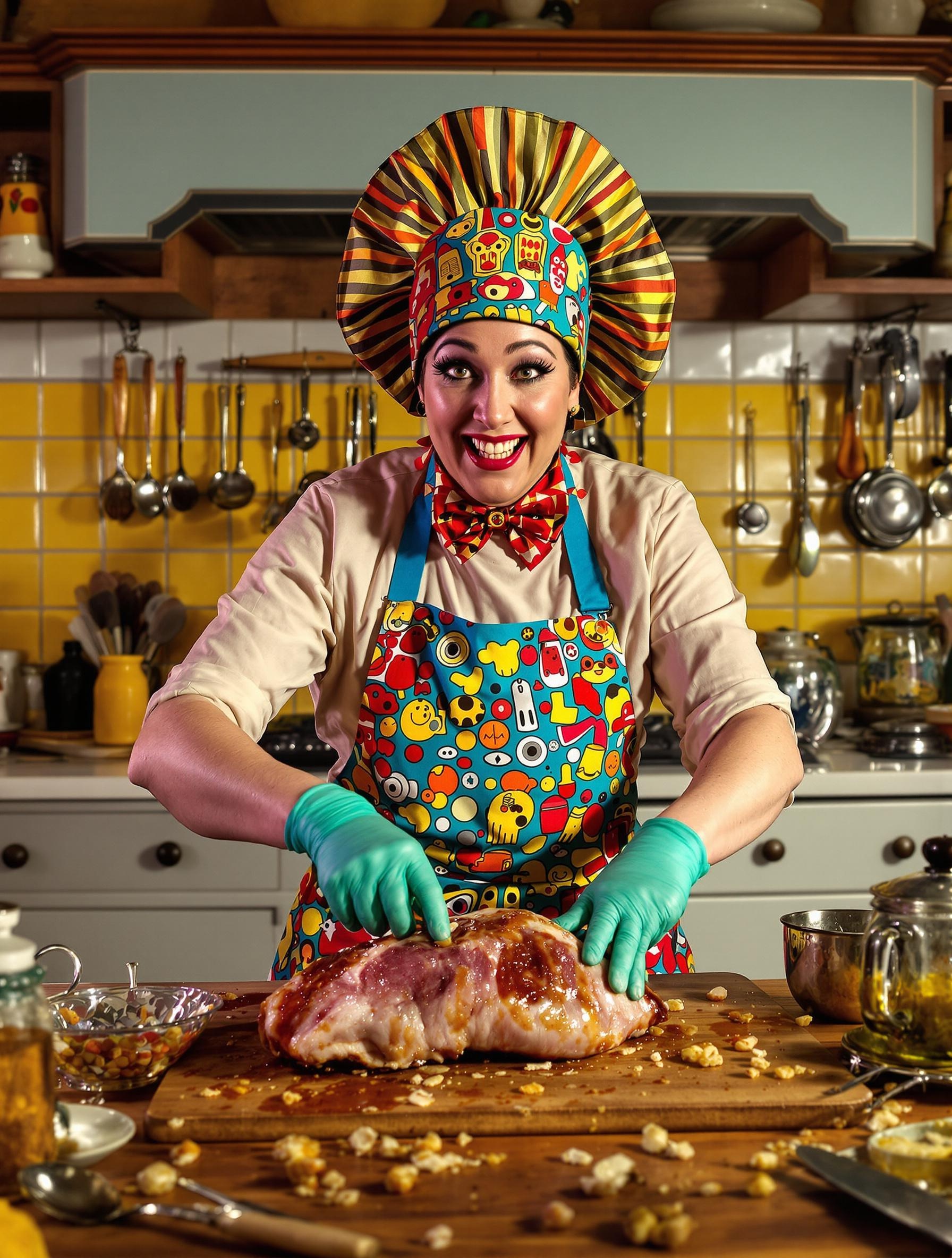Chef lyonnaise excentrique préparant une rouelle de porc dans sa marinade acide