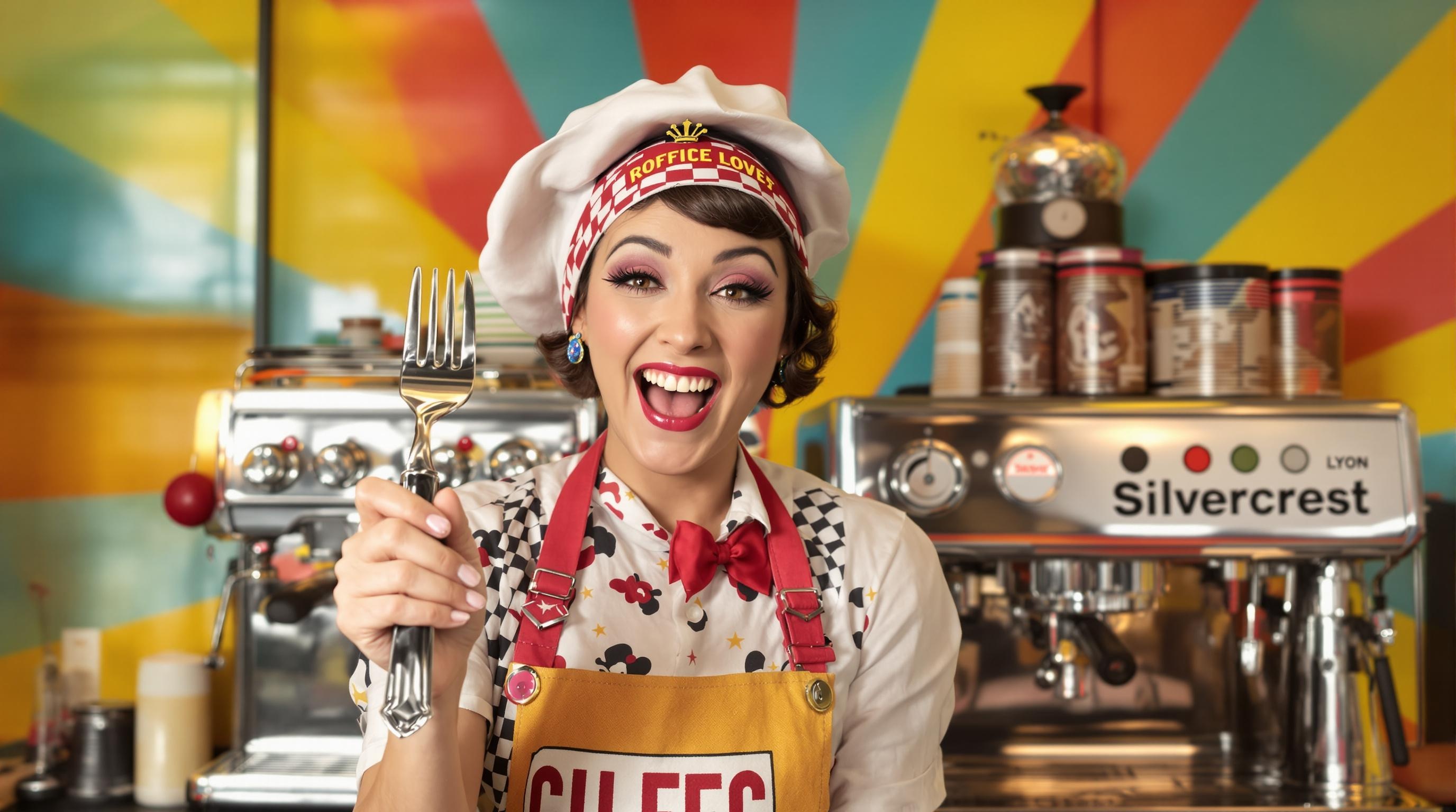 Cheffe burlesque lyonnaise brandissant une fourchette tordue devant une machine à café Silvercrest rutilante
