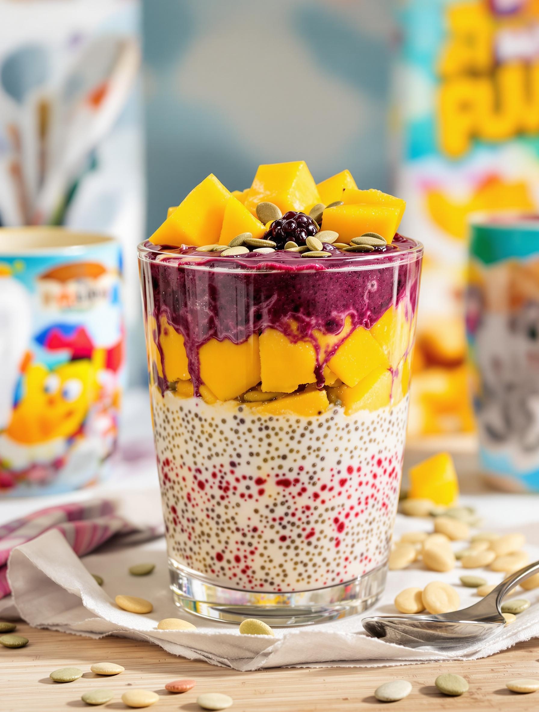 Chia pudding avec fruits rouges, mangue et graines de courge.