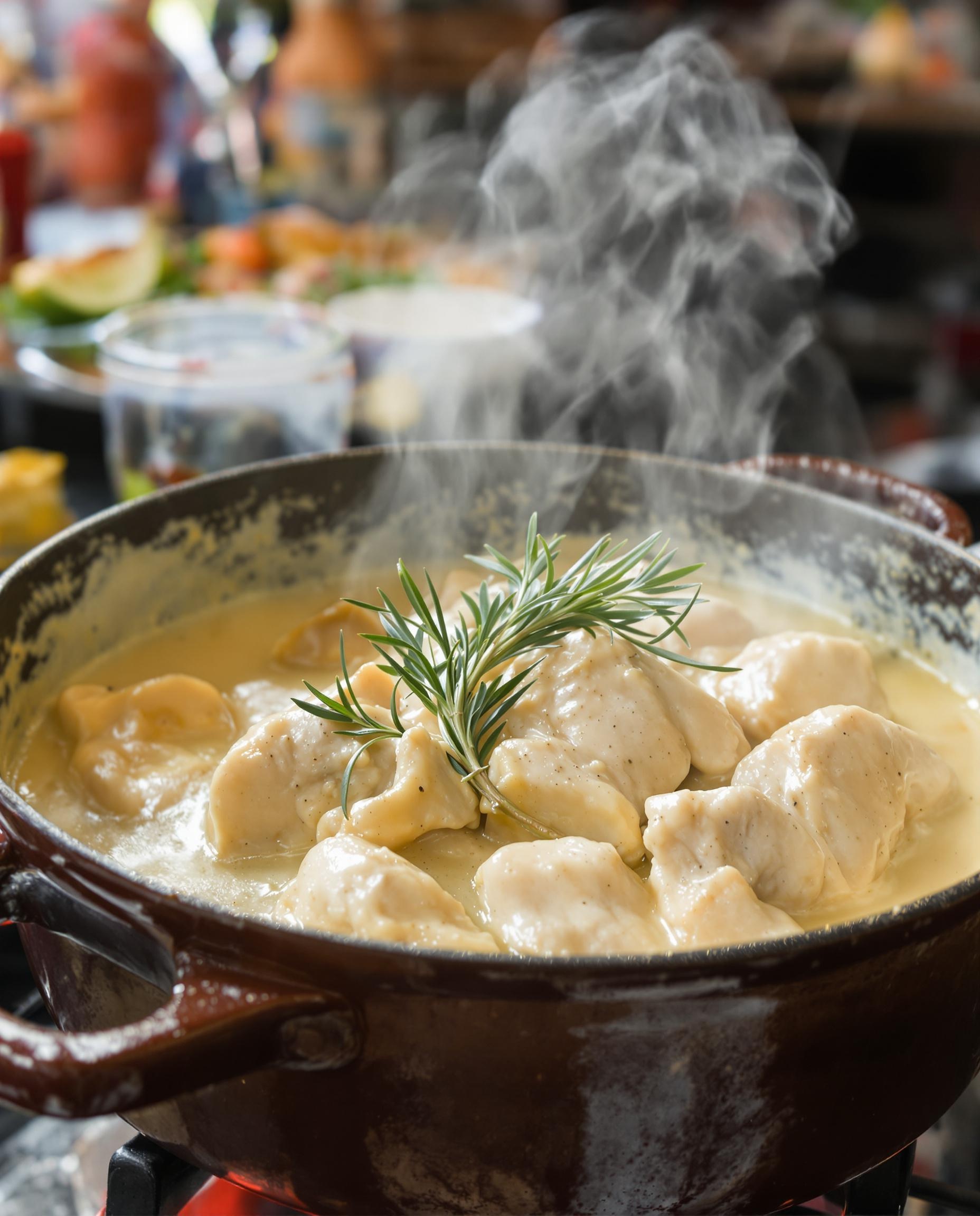 Cocotte en fonte avec morceaux de poulet nappés d’une sauce veloutée et bouquet garni.