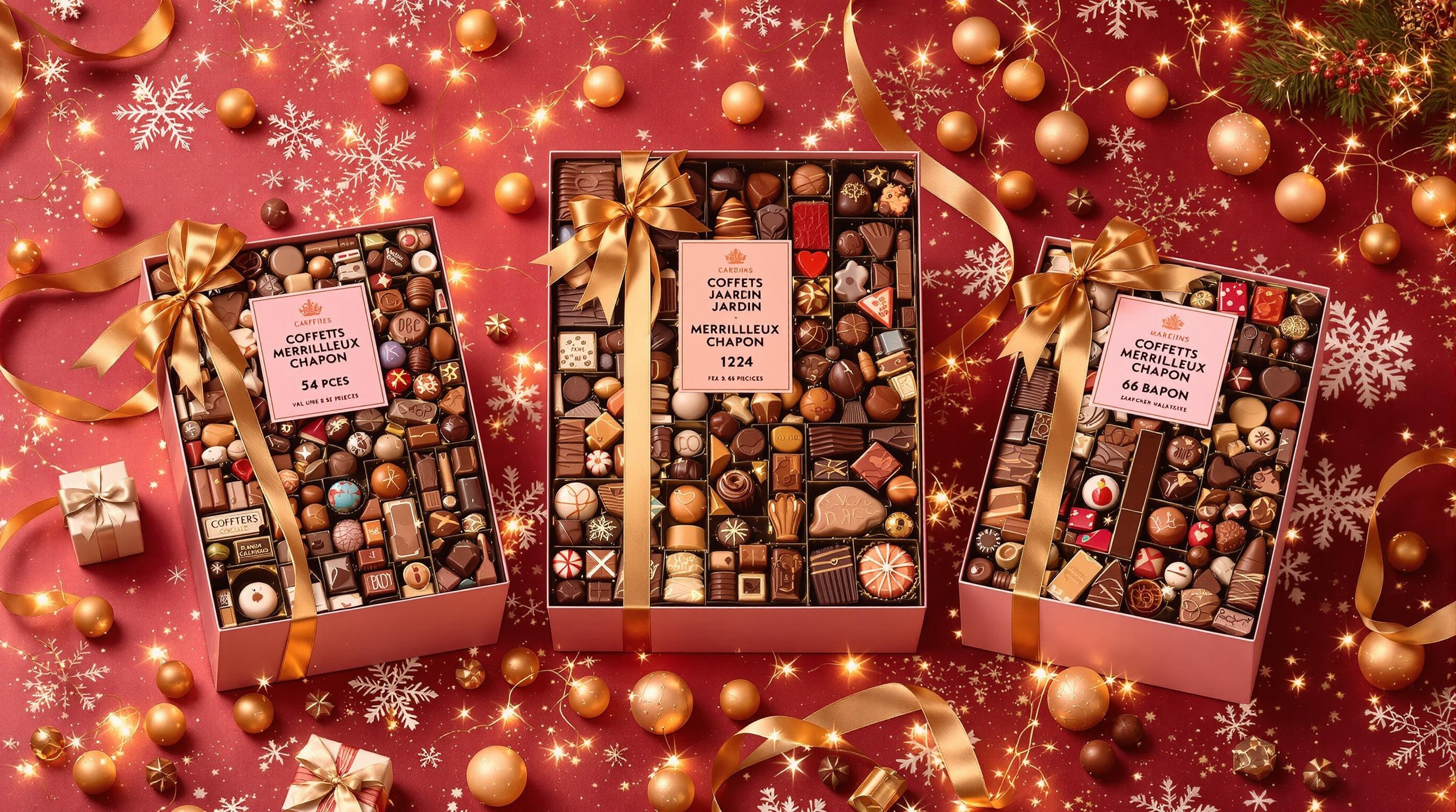 Coffrets Jardin Merveilleux Chapon sur fond festif avec chocolats variés.