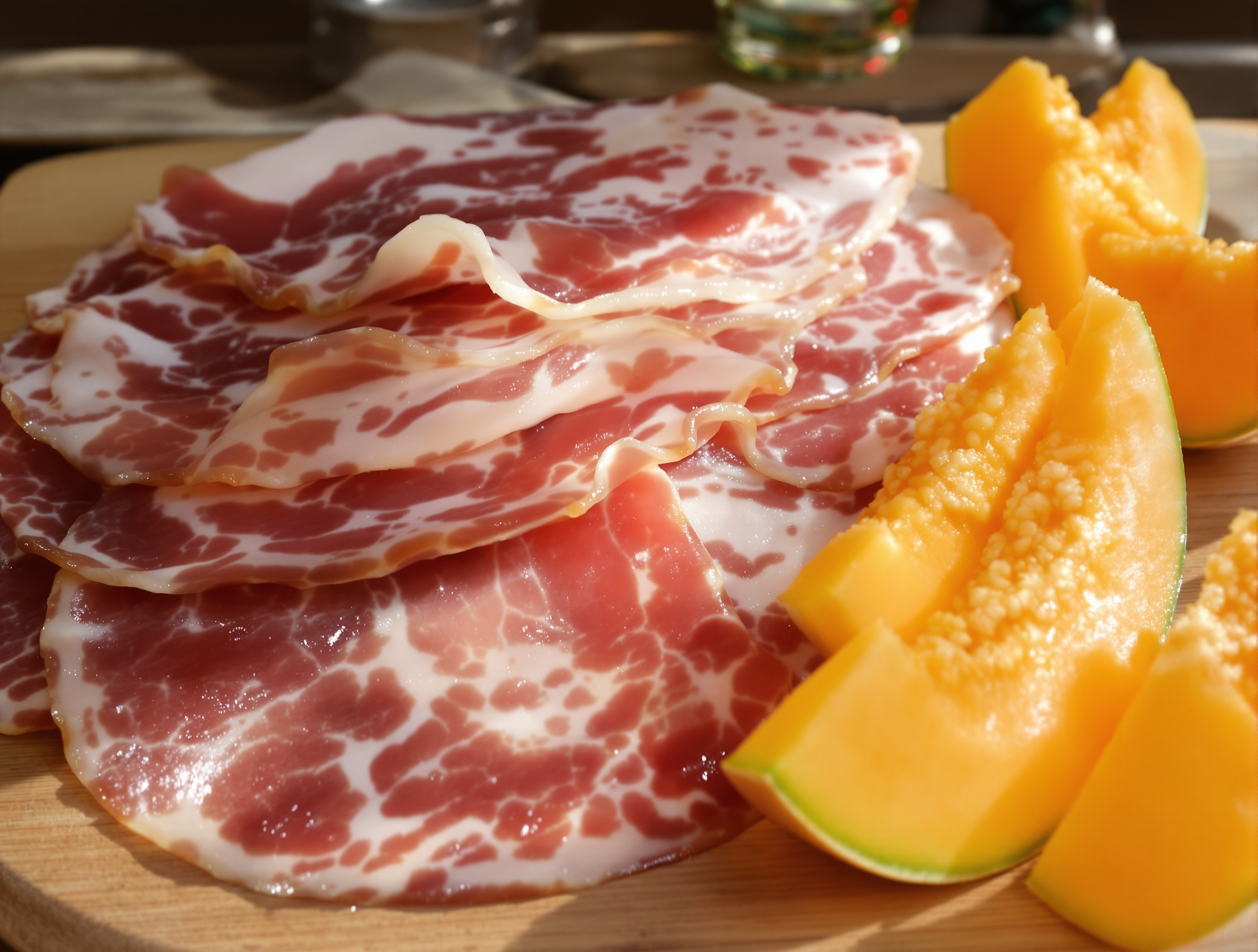 Comparatif illustré de trois jambons crus Parme Bayonne San Daniele posés sur planche avec quartiers de melon.
