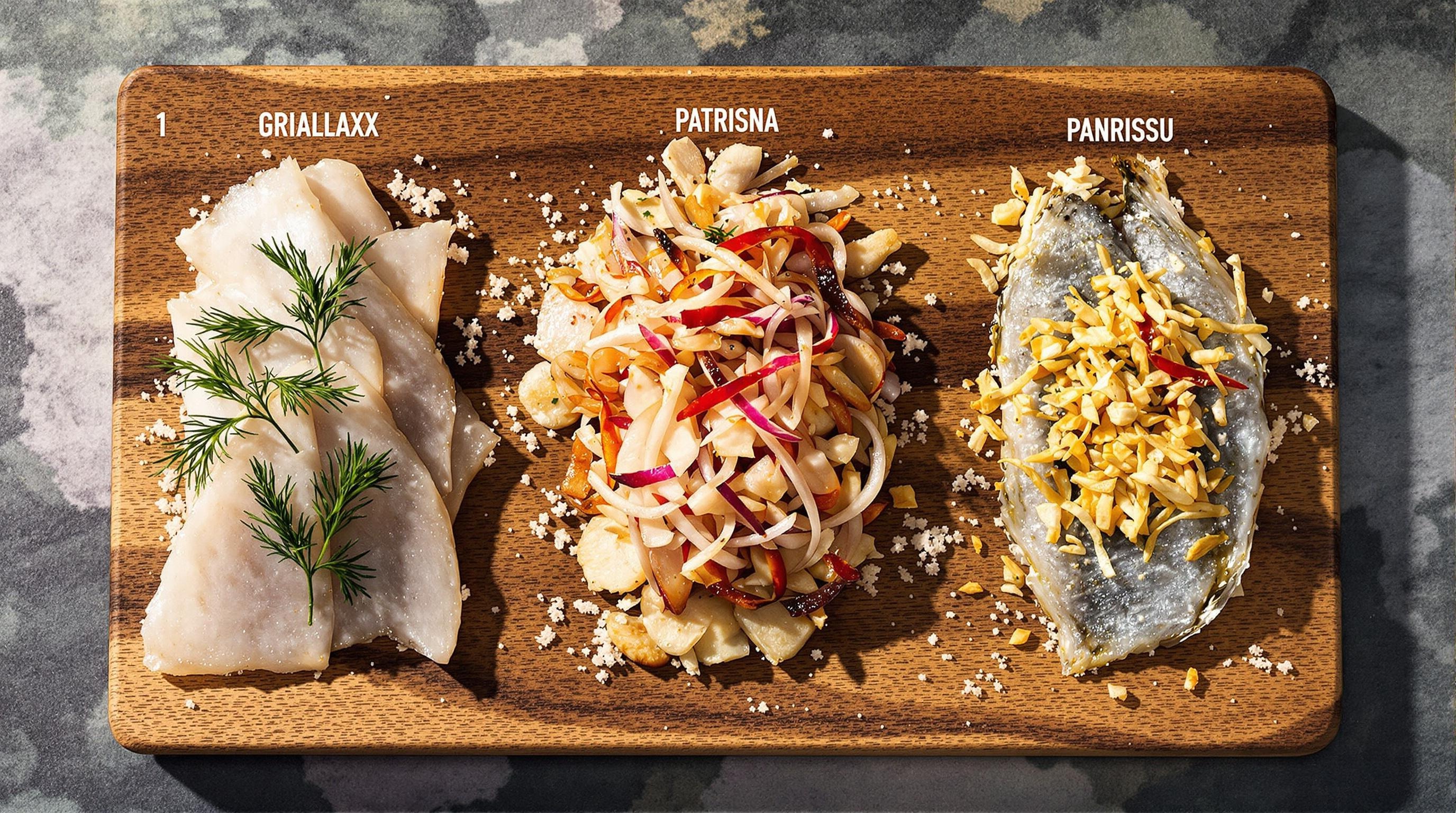 Comparatif : gravlax nordique (aneth, sel, sucre), hareng fumé parisien (huile et oignon rouge), ponzu nippon (gingembre).