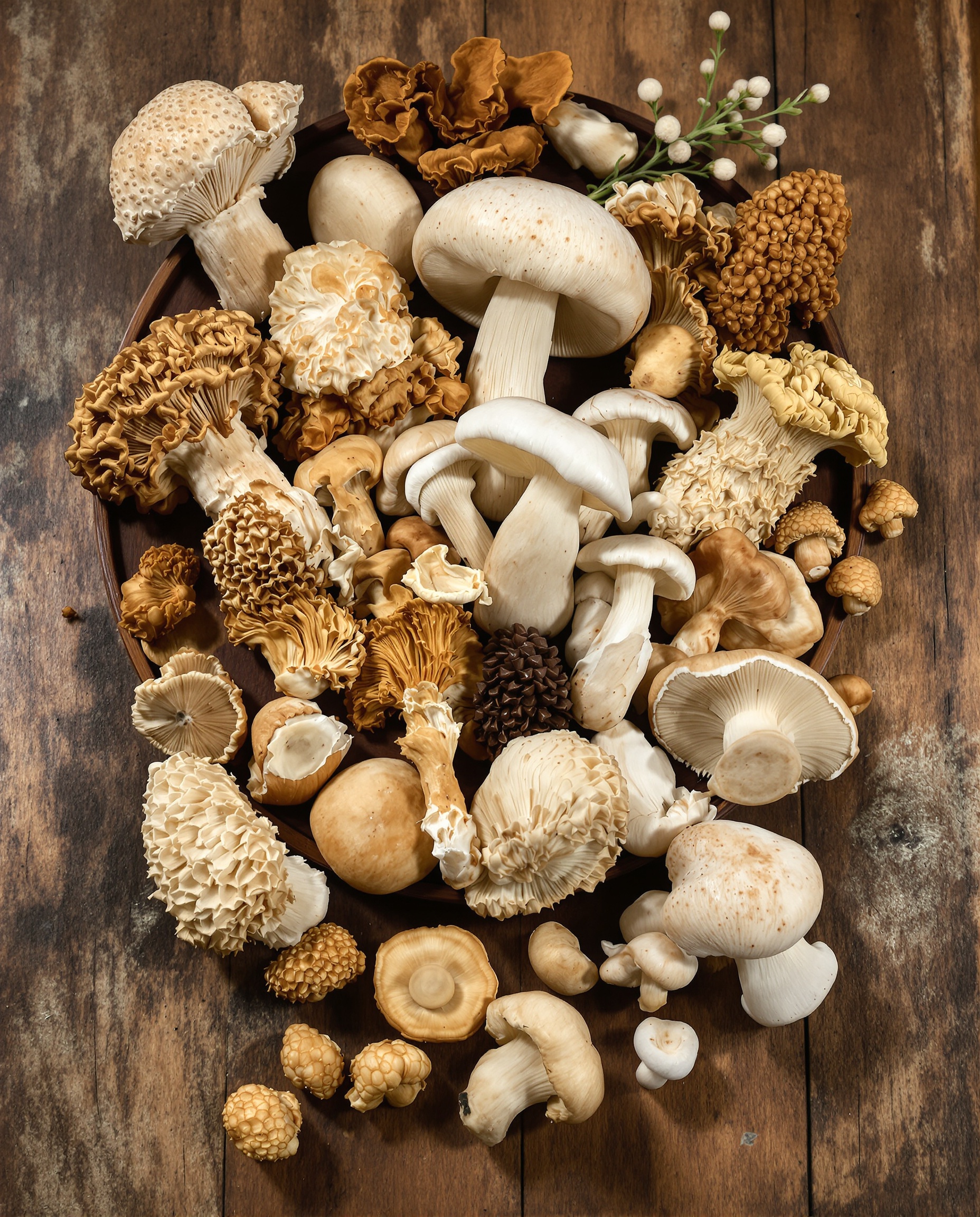 Variété de champignons frais (cèpes, girolles, champignons de Paris, morilles et champignons des bois) sur une planche rustique.