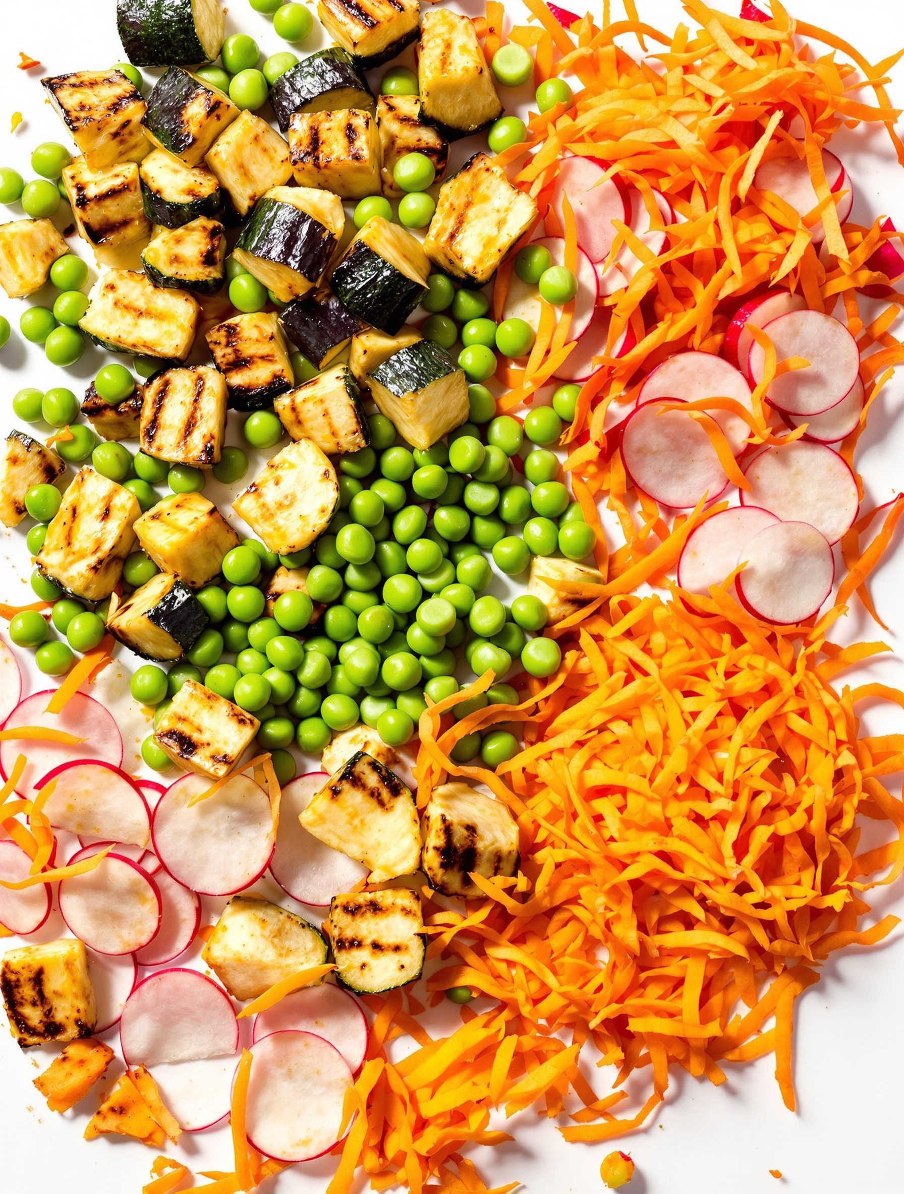 Salade composée colorée avec légumes crus et cuits découpés