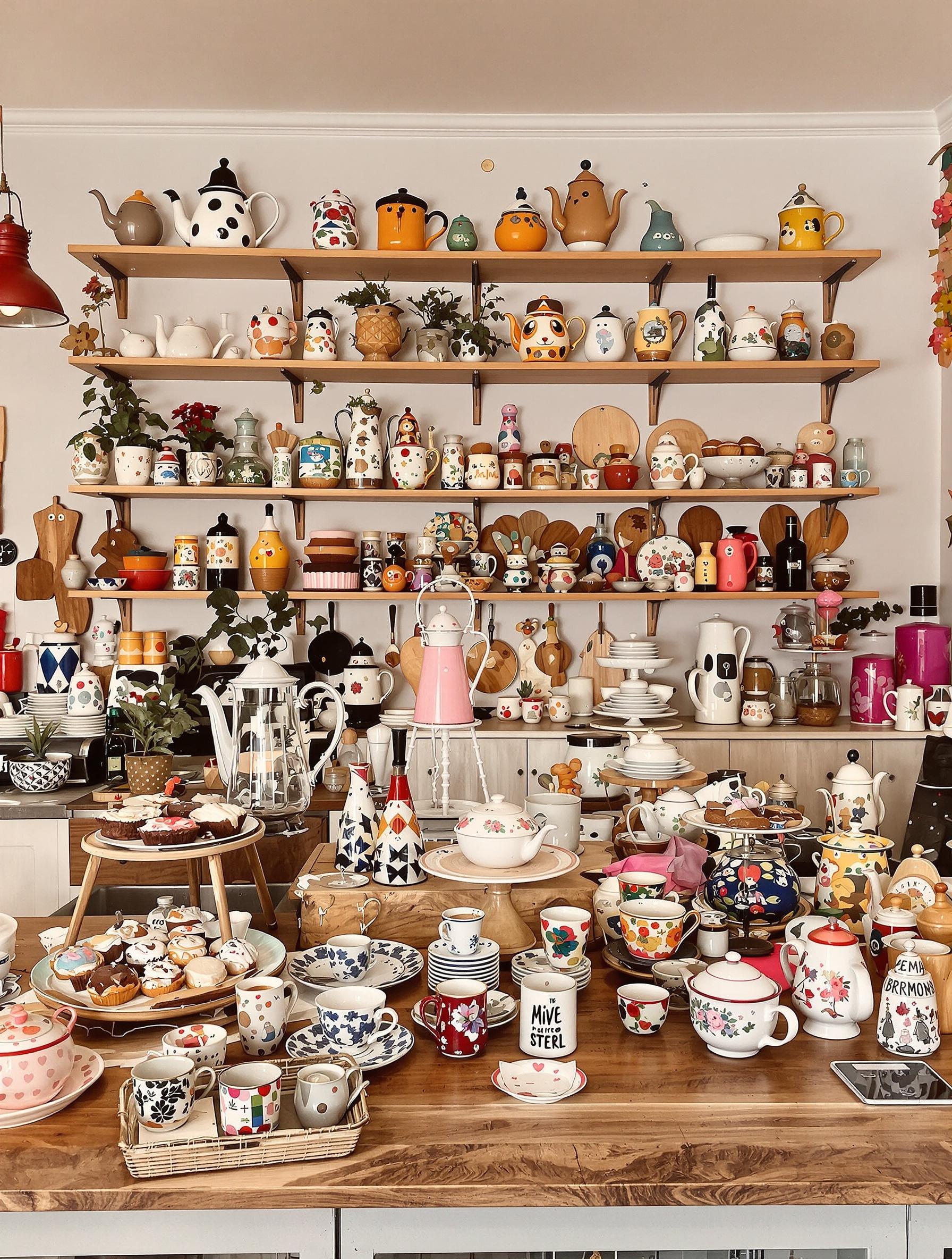 Comptoir cosy du Torü Tea Shop à Lyon avec thésières vintage et gâteaux colorés