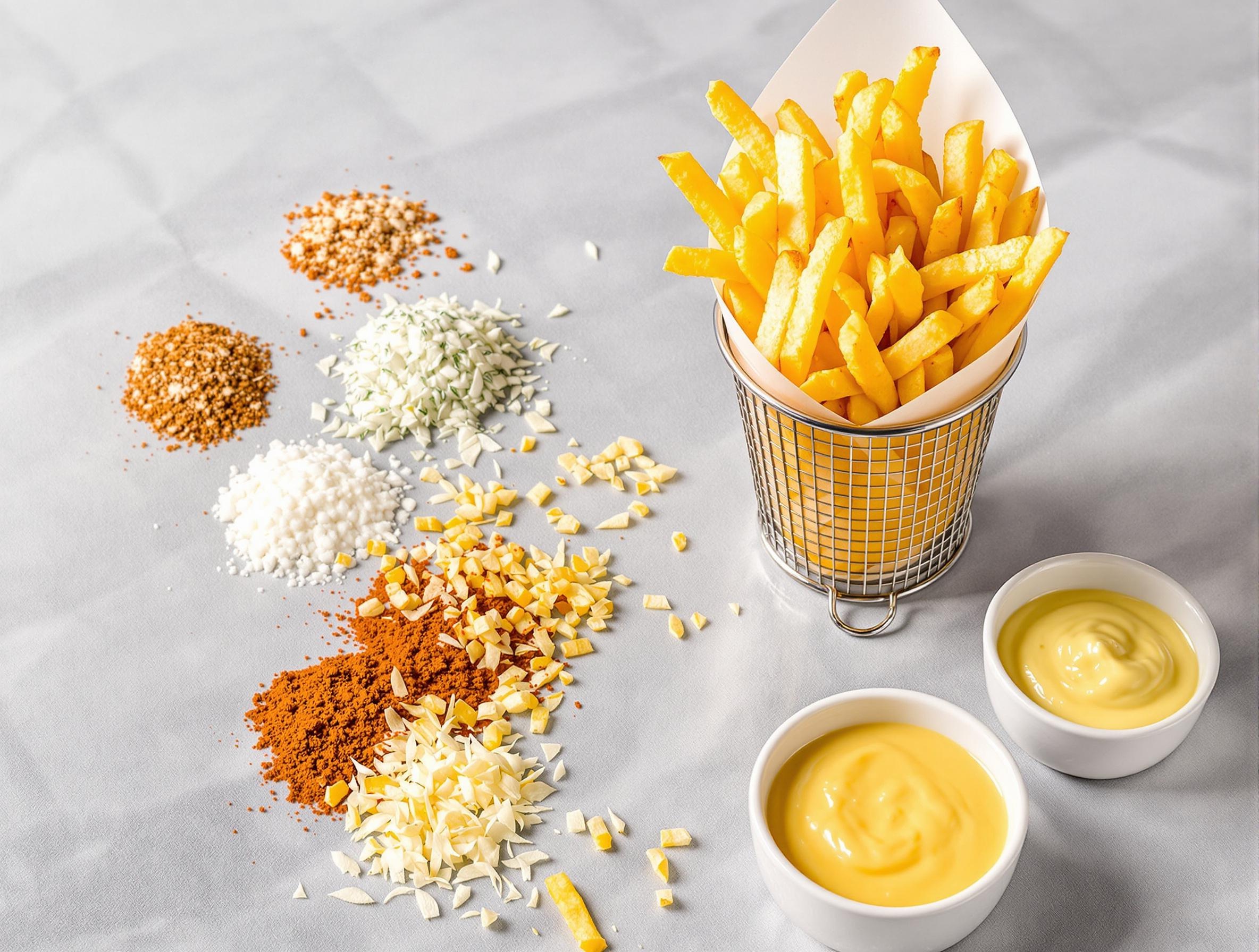 Cornet de frites Airfryer avec trois assaisonnements signature et deux sauces maison colorées, ambiance gourmande pop.