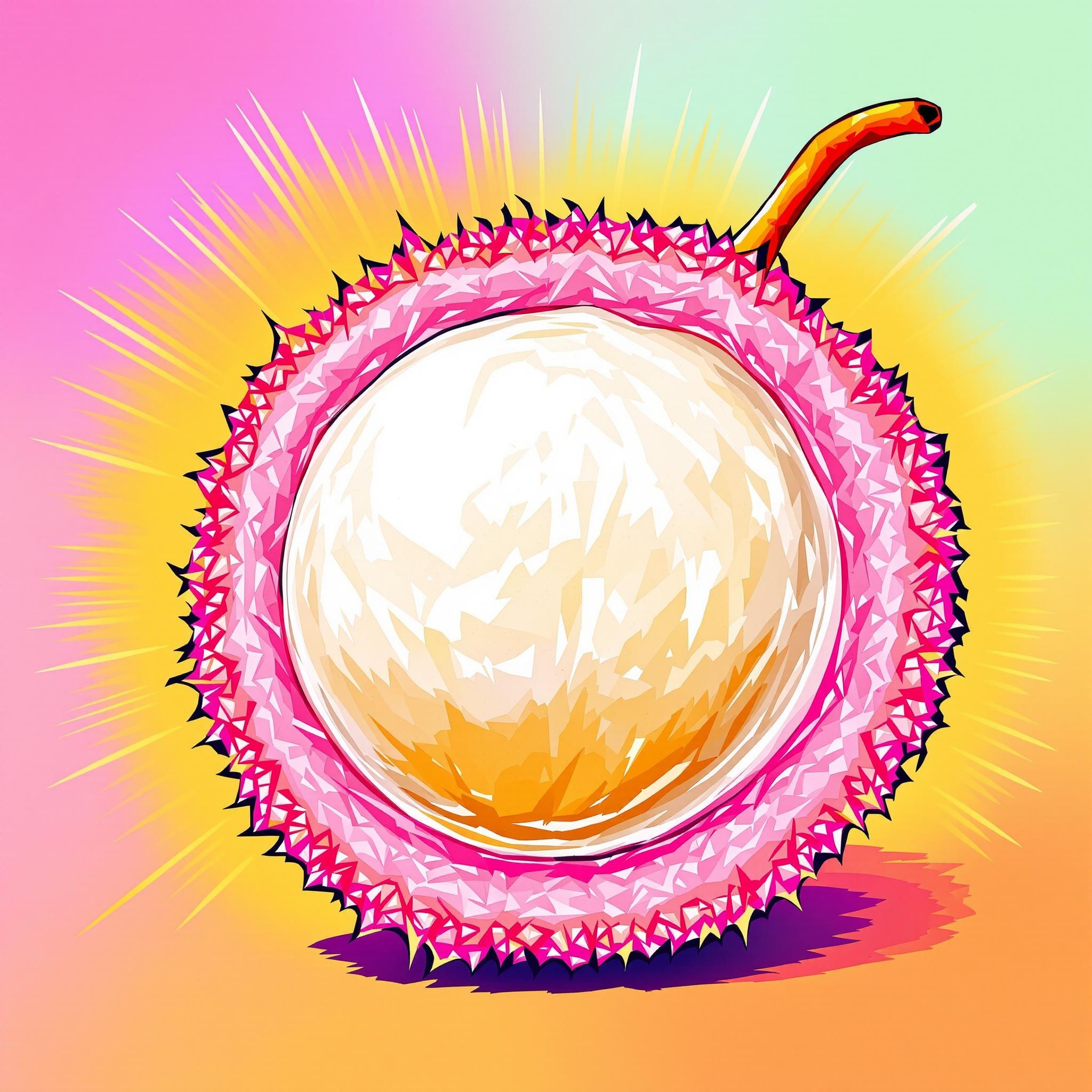 Coupe d’un litchi montrant sa peau, son arille translucide et son noyau.