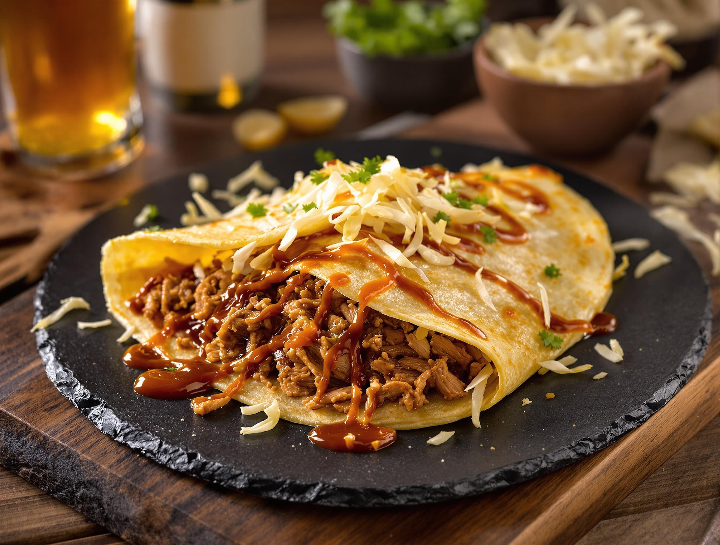 Crêpe fusion au pull pork effiloché avec sauce barbecue maison et chou croquant dans une crêperie lyonnaise