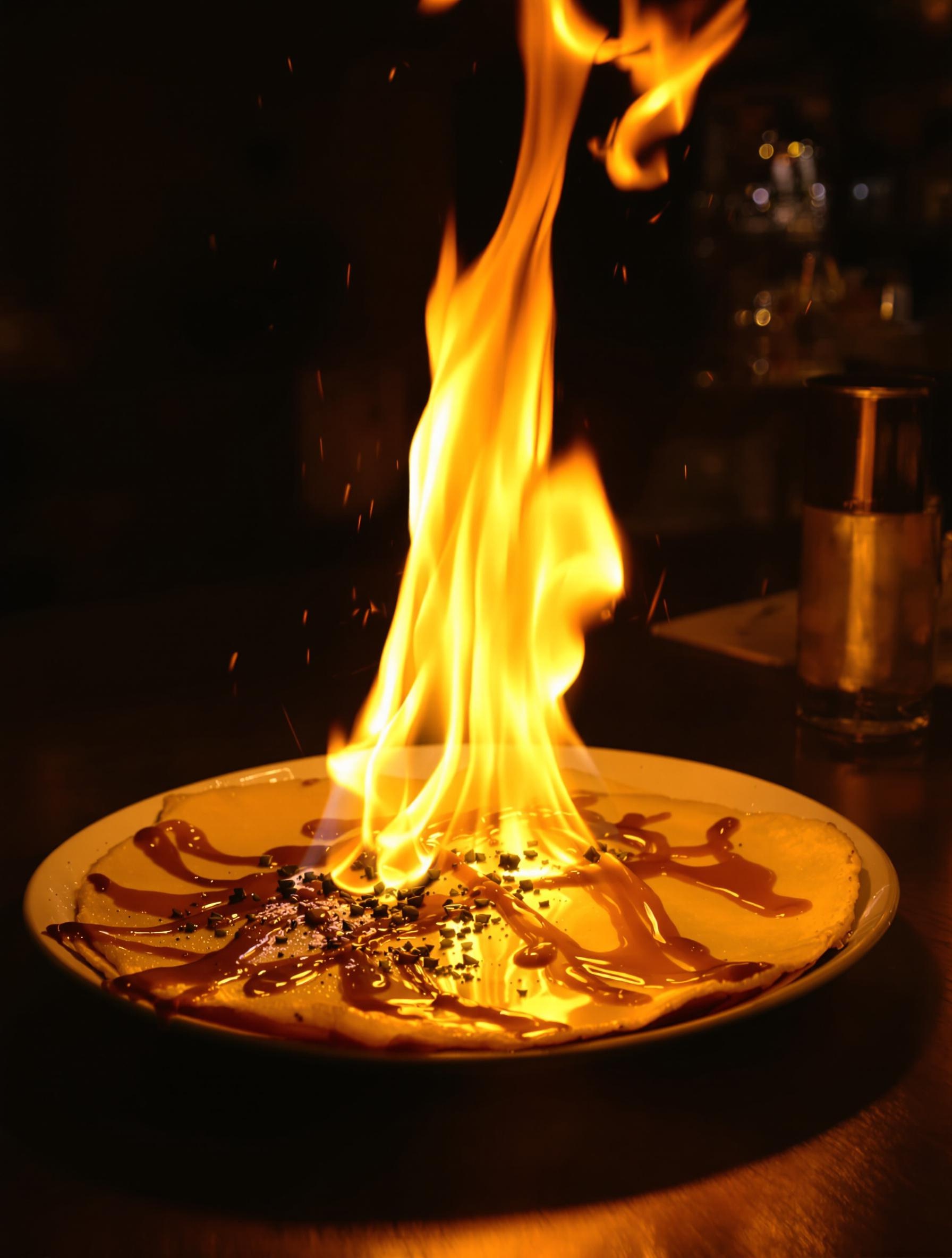 Crêpe dessert au salidou flambée au cidre avec une grande flamme dorée dans une crêperie lyonnaise