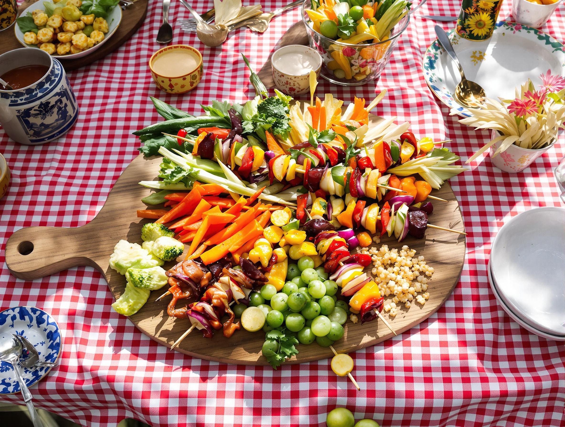 Crudités croquantes et brochettes apéritives sur une planche rustique