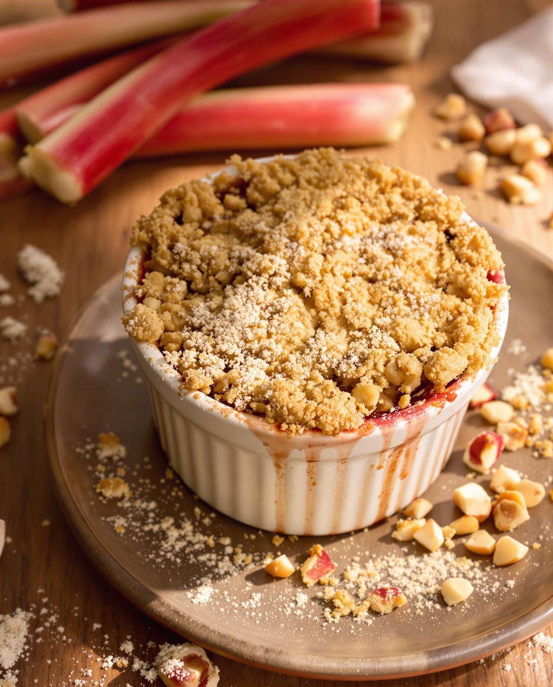 Crumble individuel à la rhubarbe avec une croûte brun doré réalisée à la farine de châtaigne.