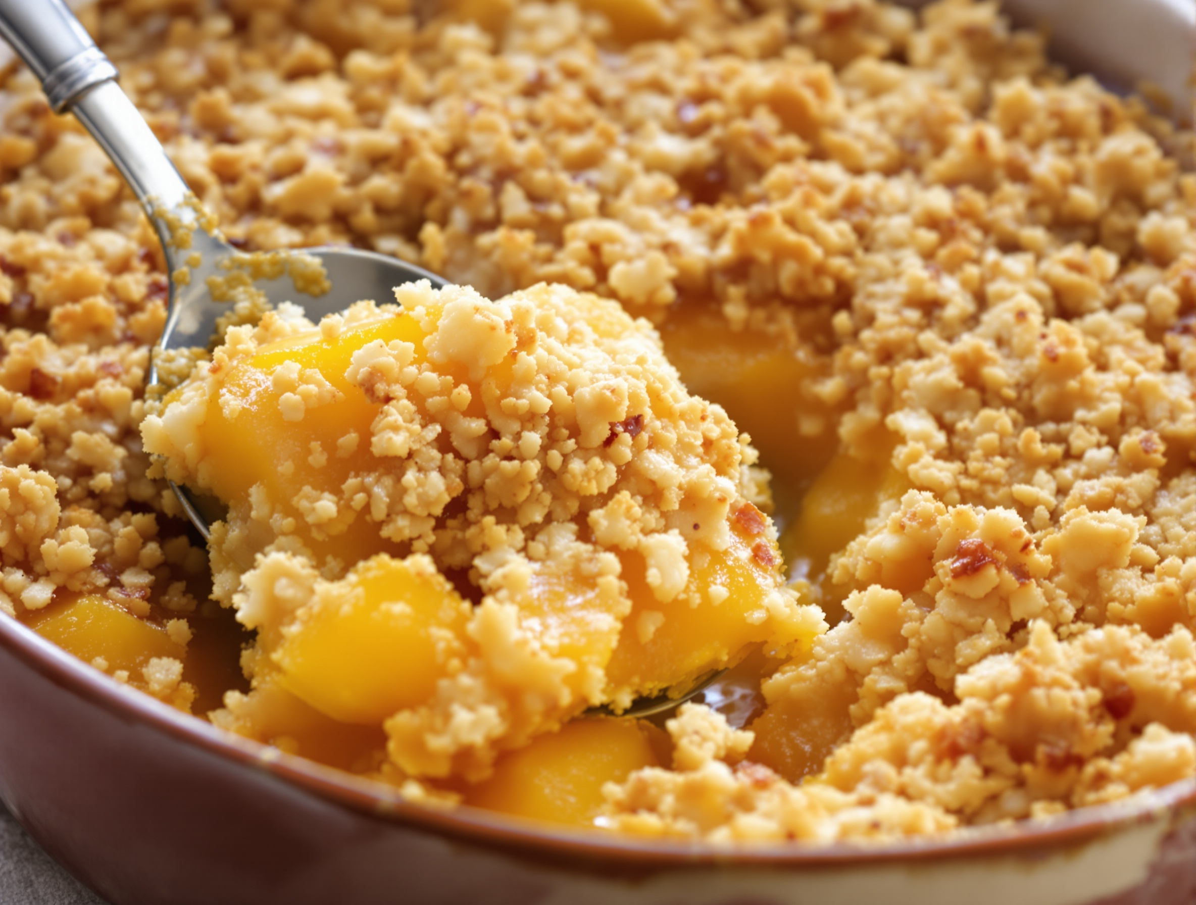 Crumble doré sorti du four avec morceaux de melon juteux sous la croûte et cuillère plantée dedans.