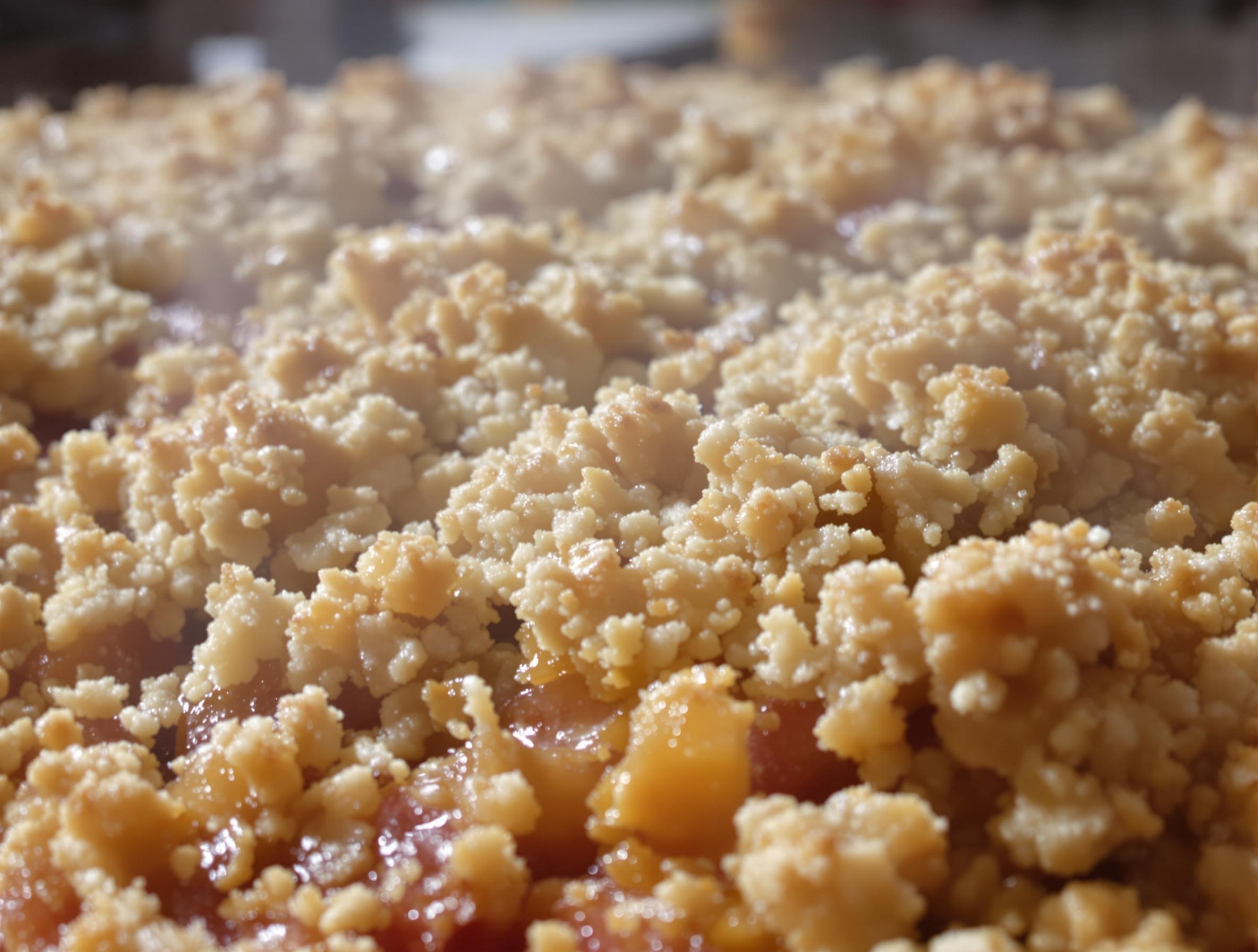 Crumble pommes rhubarbe doré, tout juste sorti du four