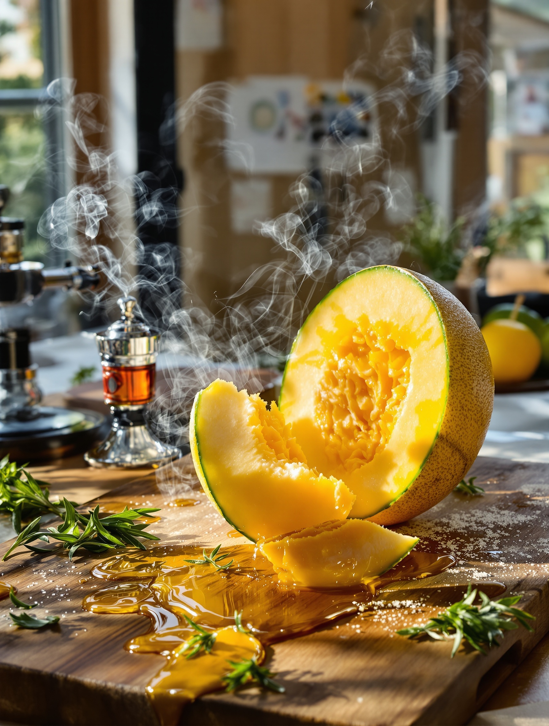 Melon Cavaillon sur une planche avec chalumeau de cuisine et romarin en cuisine lyonnaise