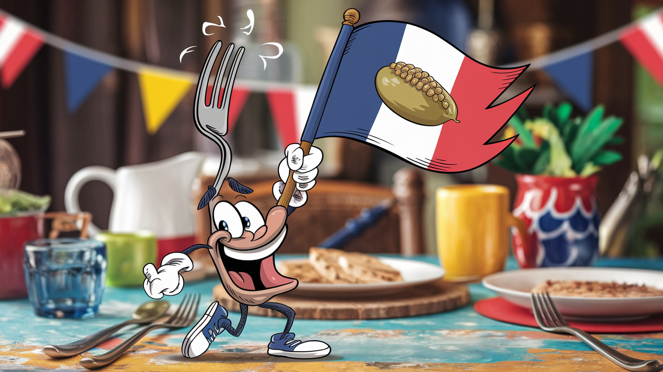 dessin burlesque d'une fourchette tordue brandissant un drapeau graine de colza sur table festive