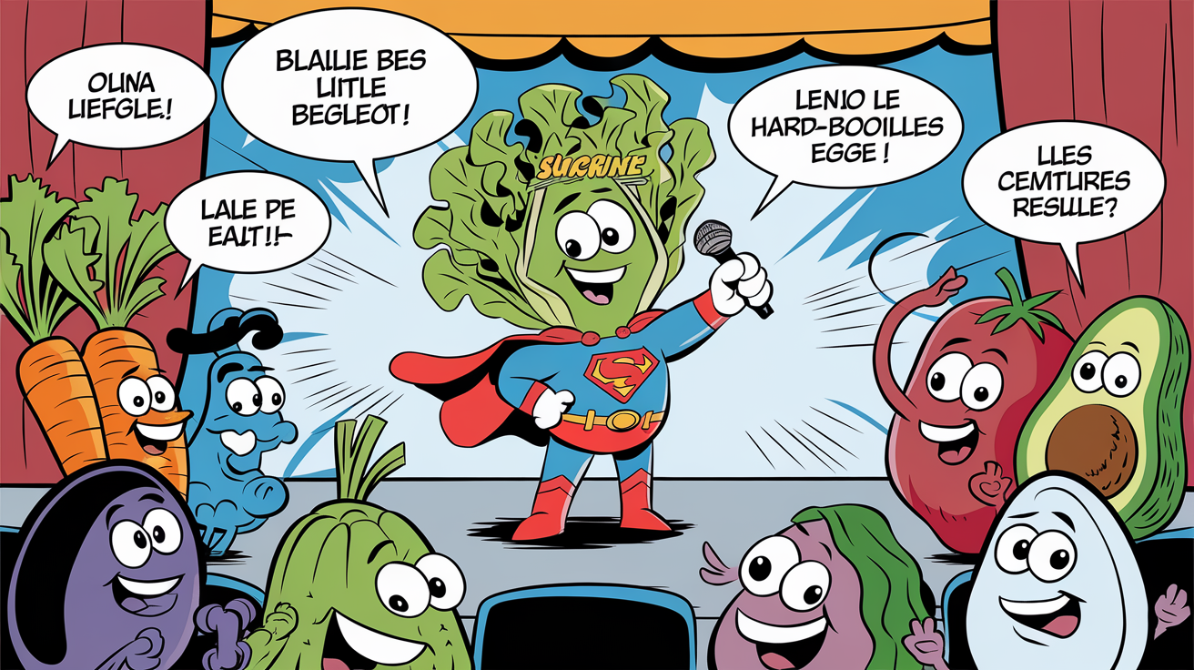 Illustration humoristique d'une sucrine déguisée en super-héros répondant à un public de légumes.