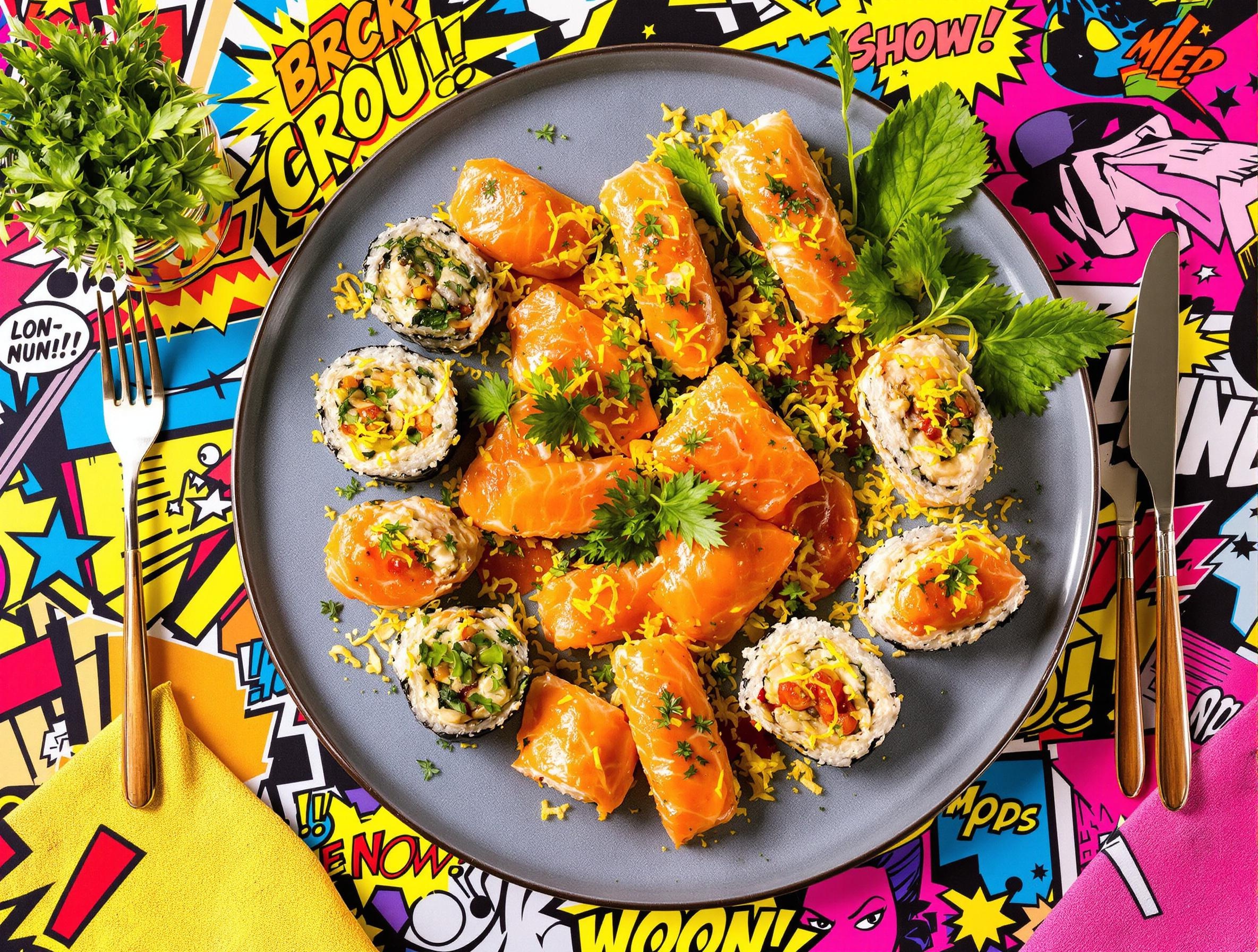 Dressage décalé de saumon façon pop culture maki roulé zestes agrumes herbes fraîches