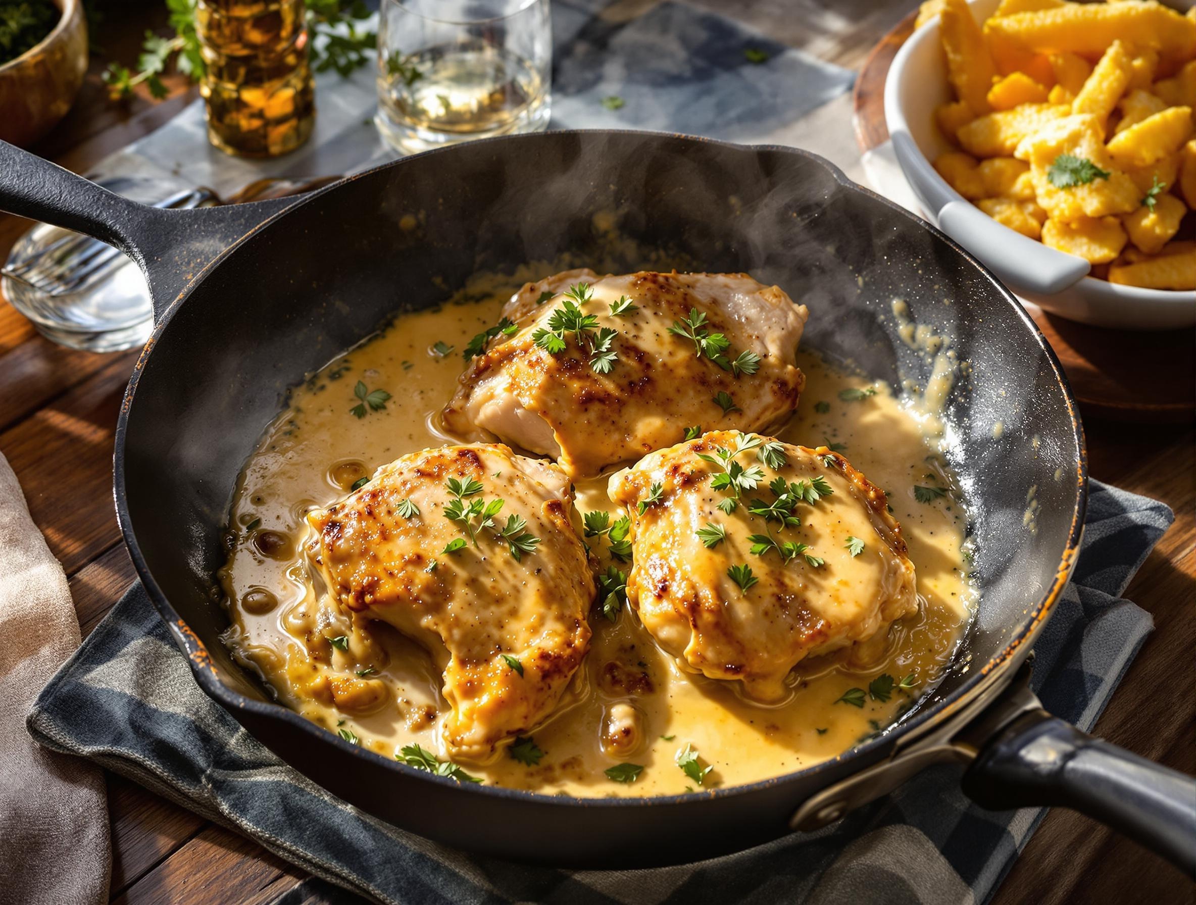 Duo de sot-l’y-laisse nappé de sauce crémeuse dans une poêle fumante, style lyonnais