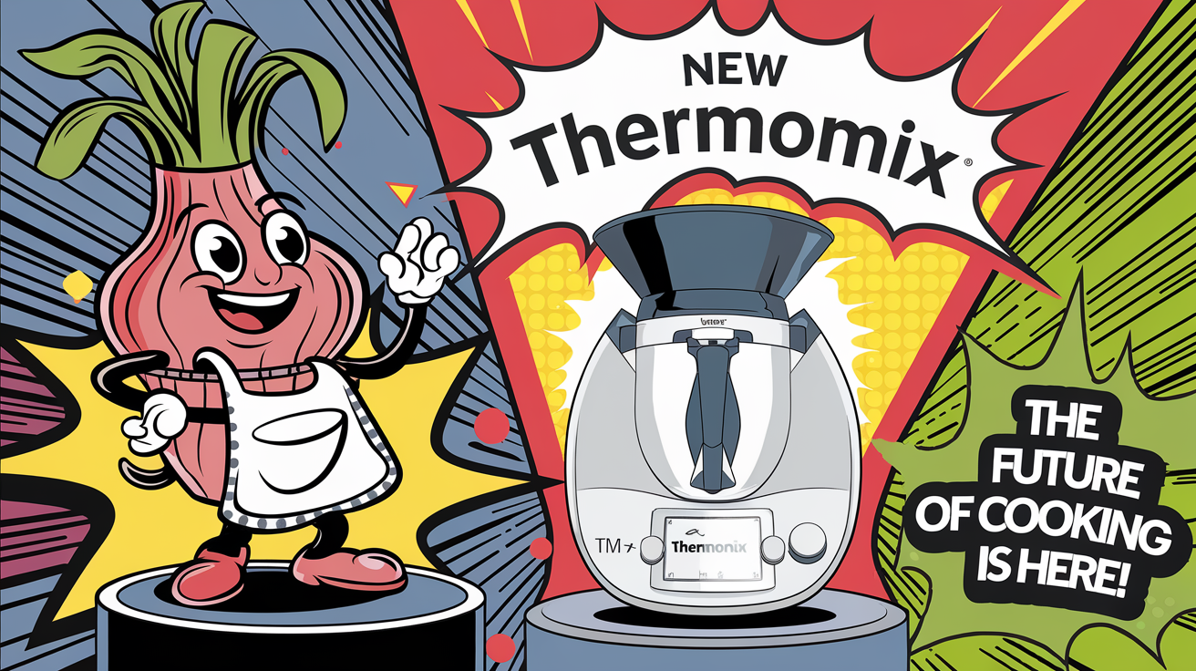 Une échalote en tablier applaudissant la sortie du Thermomix TM7 sous les projecteurs