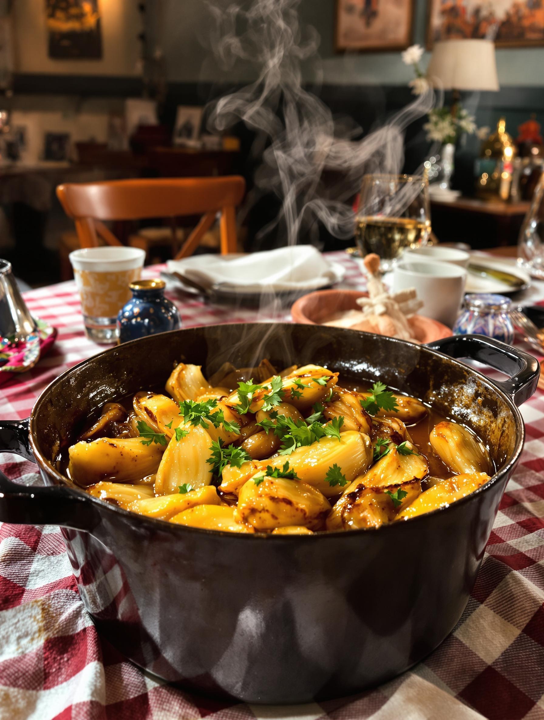 Endives braisées servies dans une cocotte en fonte, sauce ambrée à la bière, touche de persil ciselé.