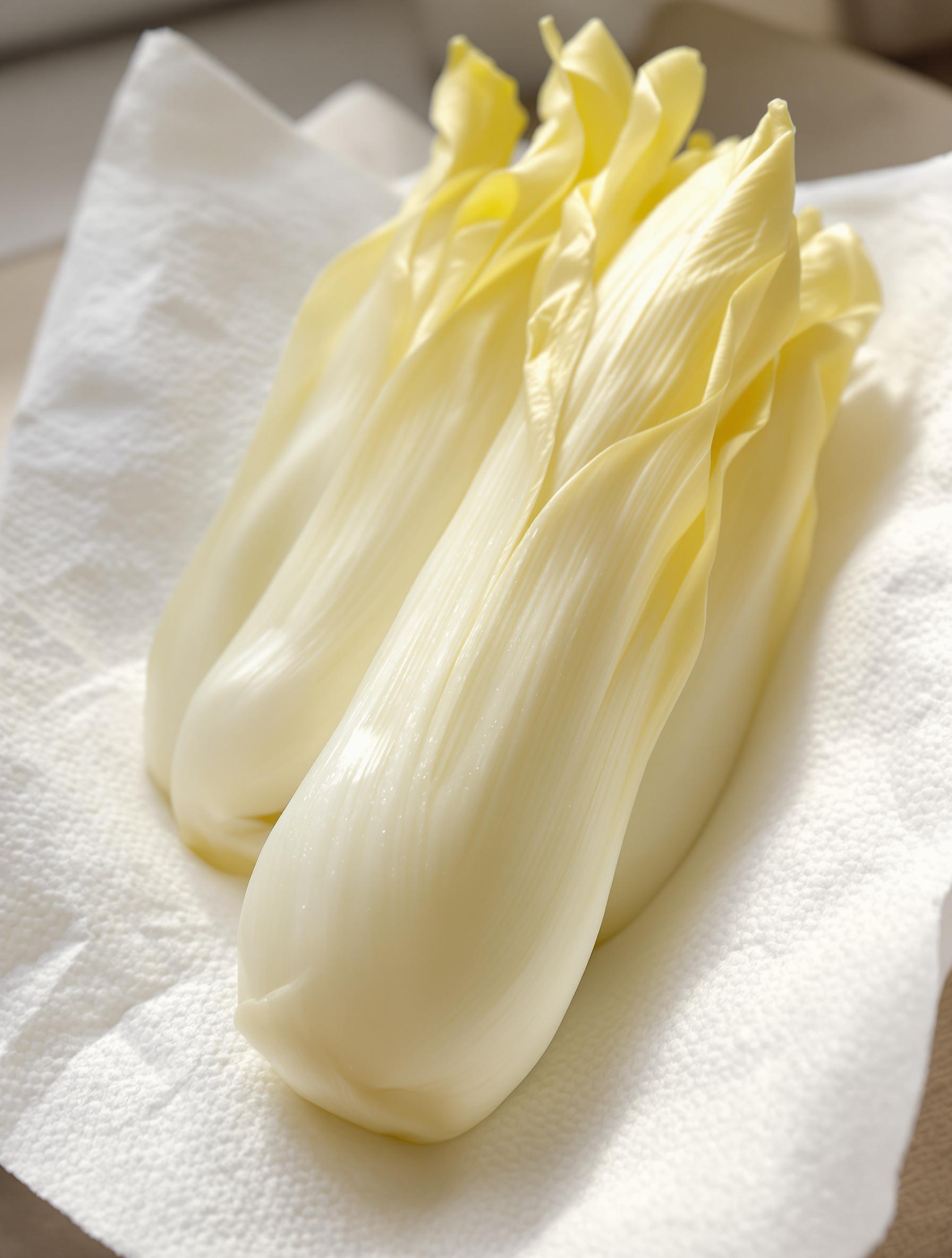 Endives alignées sur du papier absorbant blanc, prêtes à dégorger.