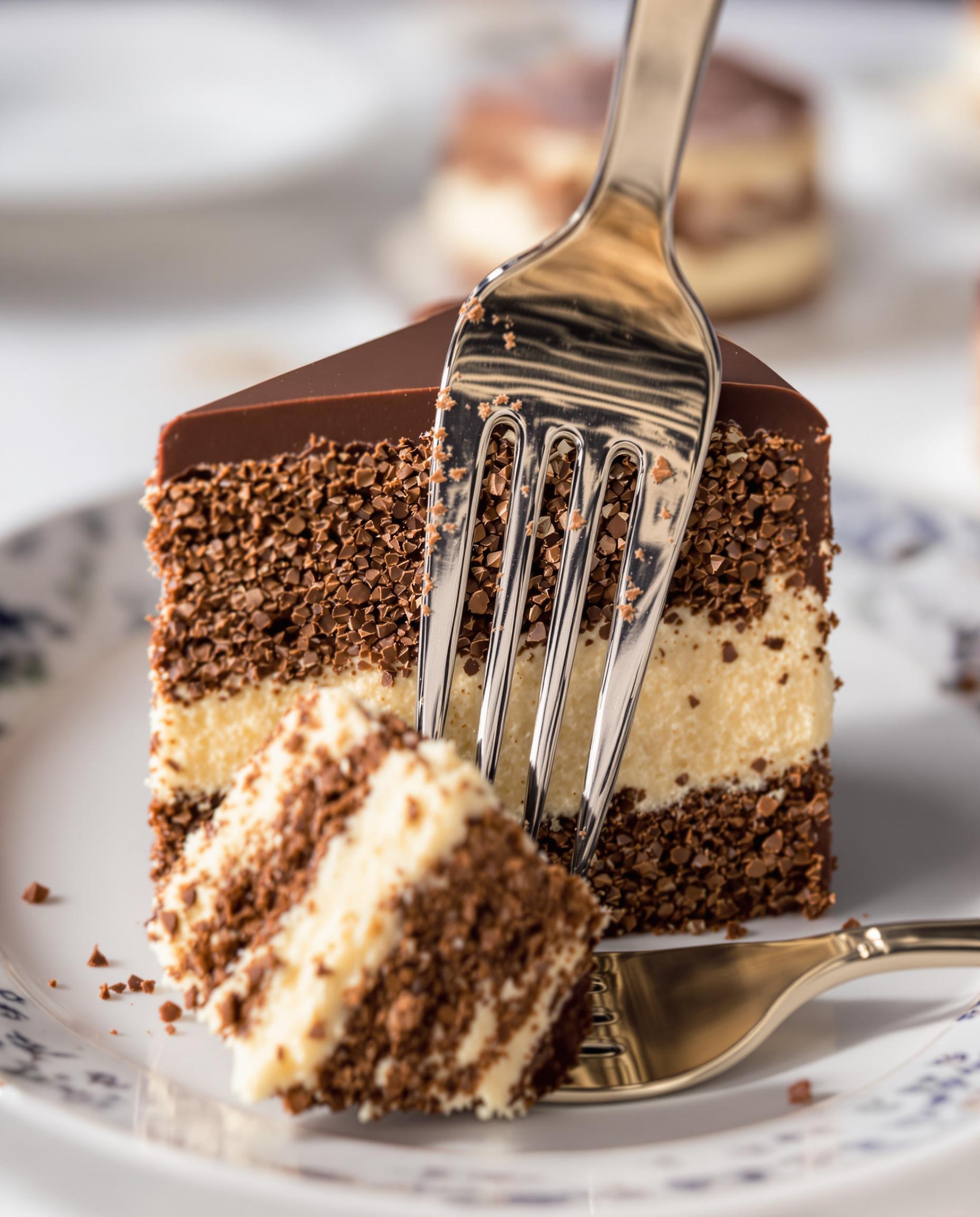 Zoom sur une tranche d'entremets trois chocolats, couches parfaites, décor soigné, fourchette plantée dedans, style modern-lyonnais