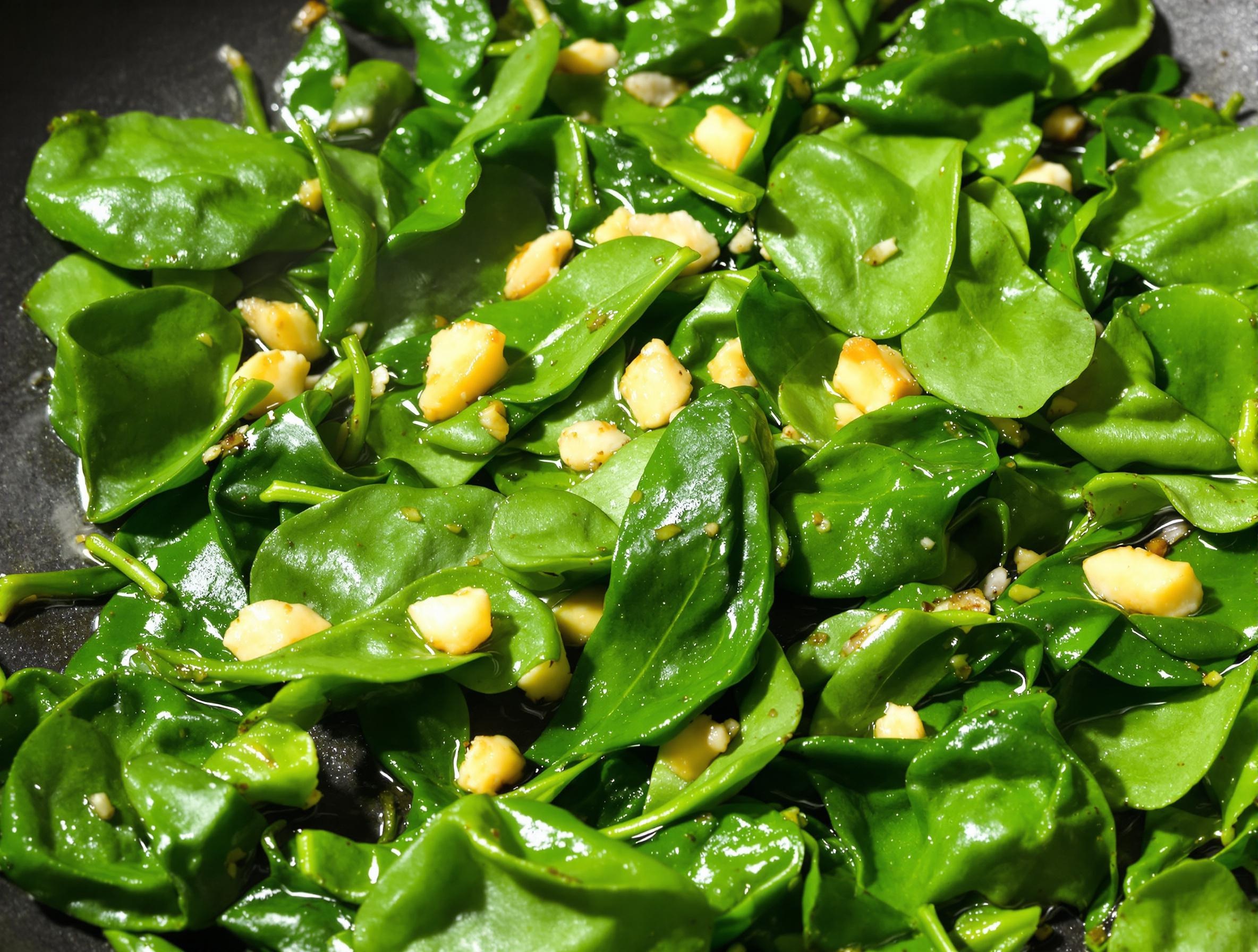 Épinards tombés dans la poêle avec de l'ail et de l'huile d'olive.