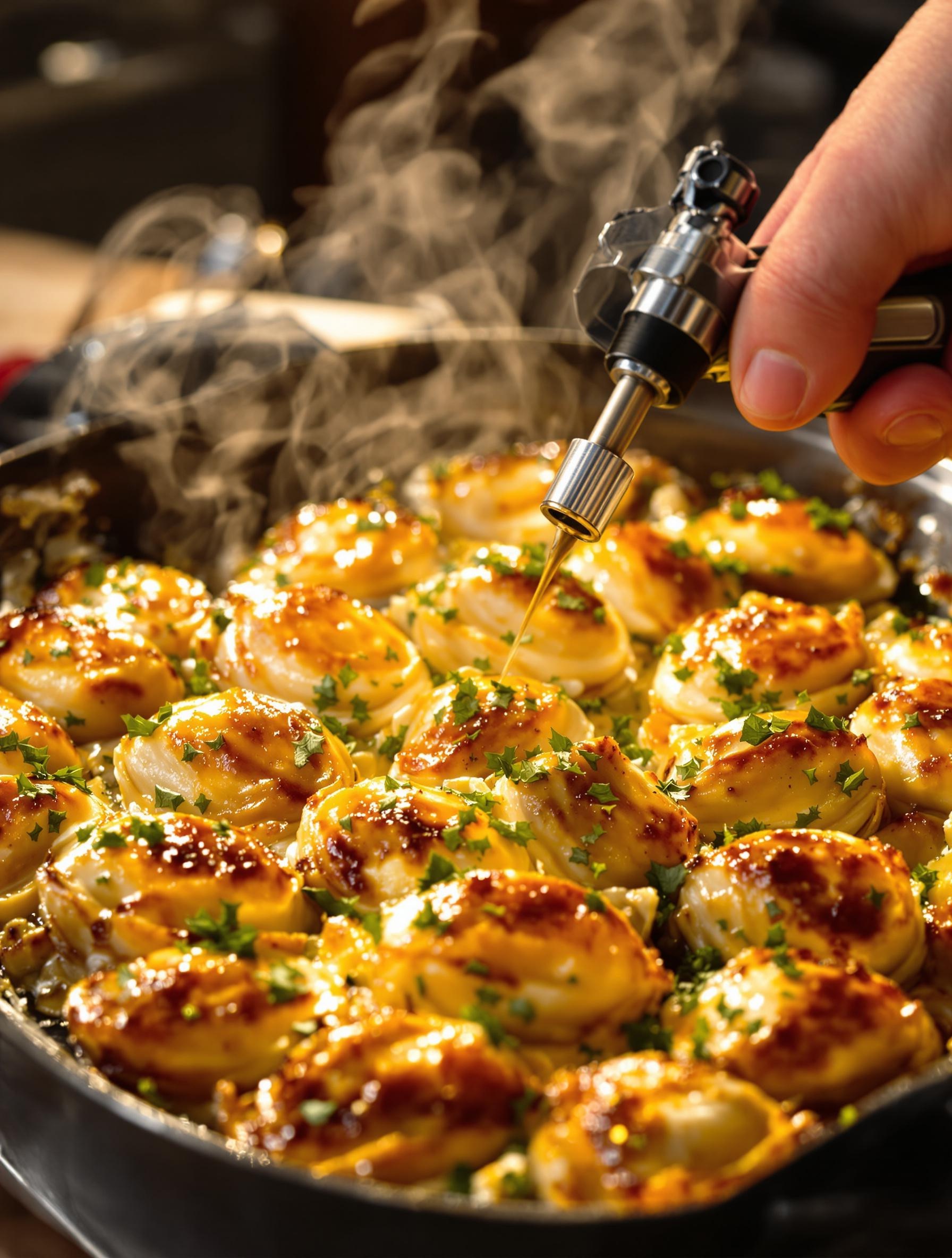 Torche chalumeau caramélisant gratin escargot beurre persillé